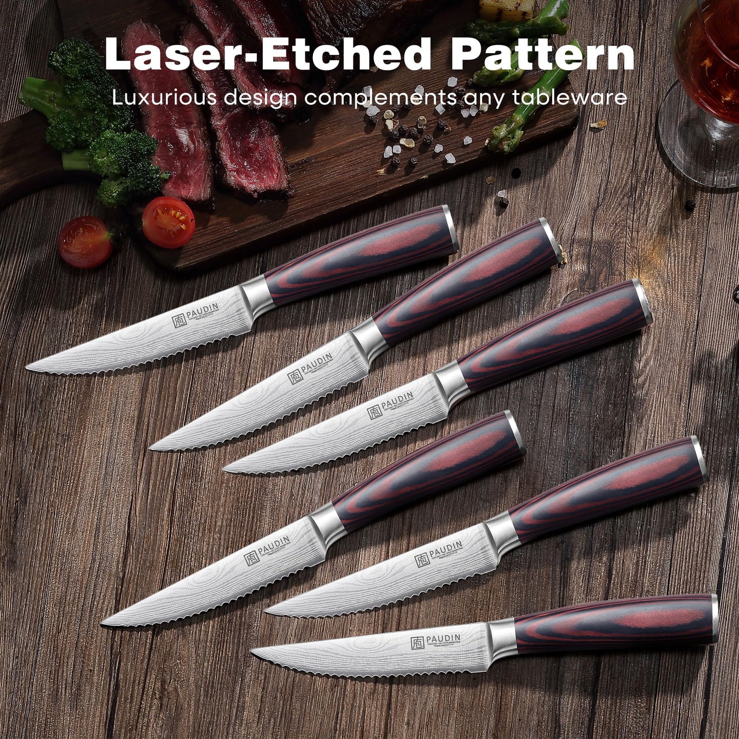 PAUDIN Steak Knives, Steak Knives Set of 6, Ultra Sharp 4.5 Inch Serrated Steak Knife, High Carbon Stainless Steel Steak Knife Set with Pakkawood Handle and Gift Box