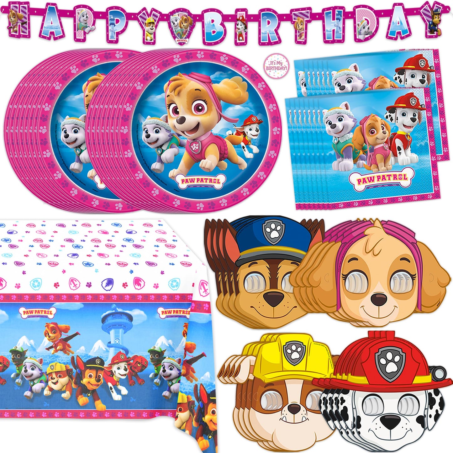 Skye Paw Patrol Birthday Decorations | Serves 16 | Pink Banner, Tablecloth, Plates and Napkins, Character Masks, Sticker | Paw Patrol Party Decorations for Girls