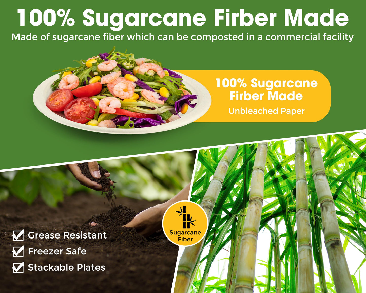 BSDPREF 300 Pack Paper Plates Set Party Supplies Severs 50 Guests Disposable Party Plates Sugarcane Forks Knives Spoons Heavy-Duty Paper Plate Bagasse Natural Compostable Eco-Friendly Birthday Wedding