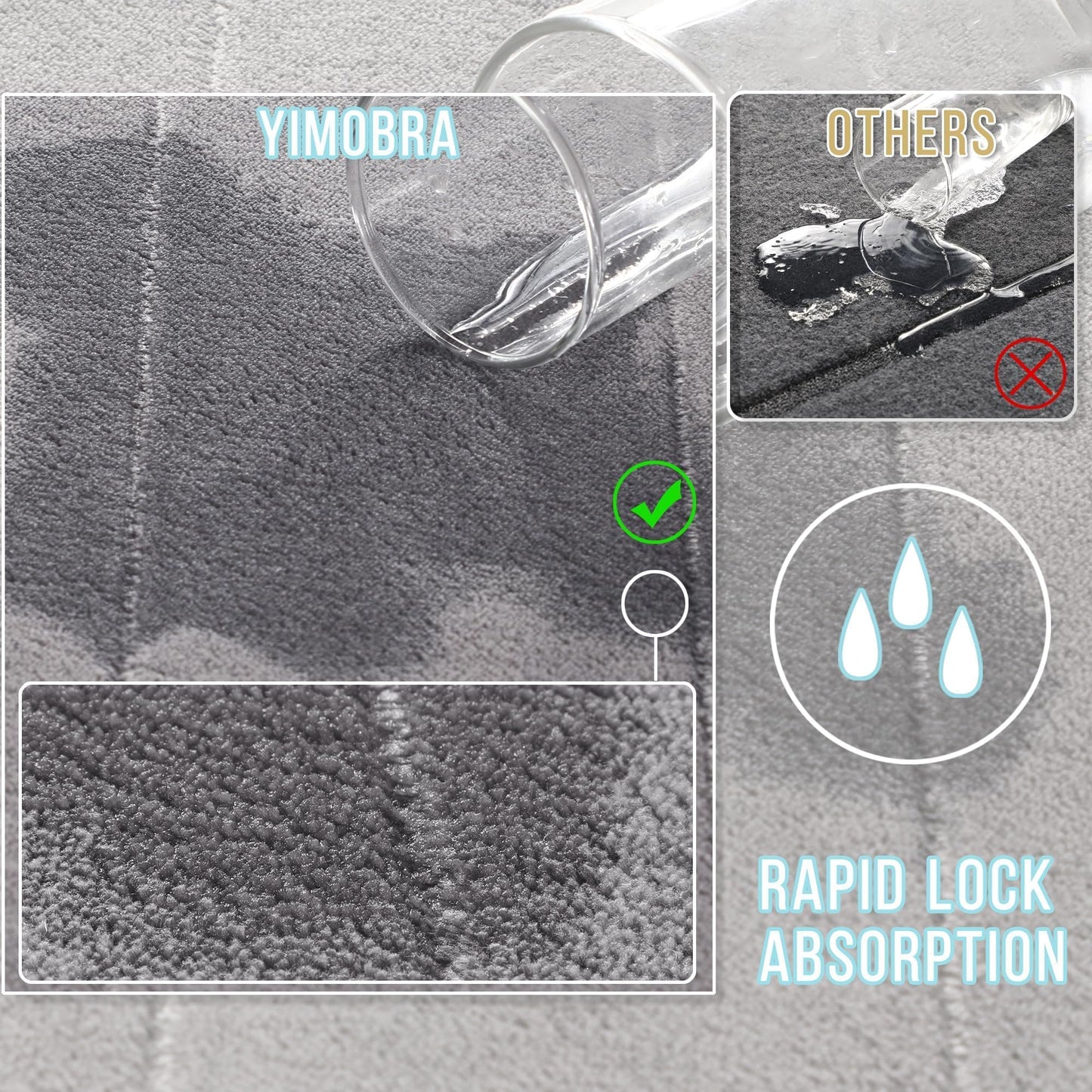 Yimobra Memory Foam Bath Mat Set 3 Pieces- Super Soft Absorbent Quick Dry Bathroom Rug Sets, Machine Washable Non Slip Floor Carpet for Tub Shower, Vanity & Toilet Base, Gray