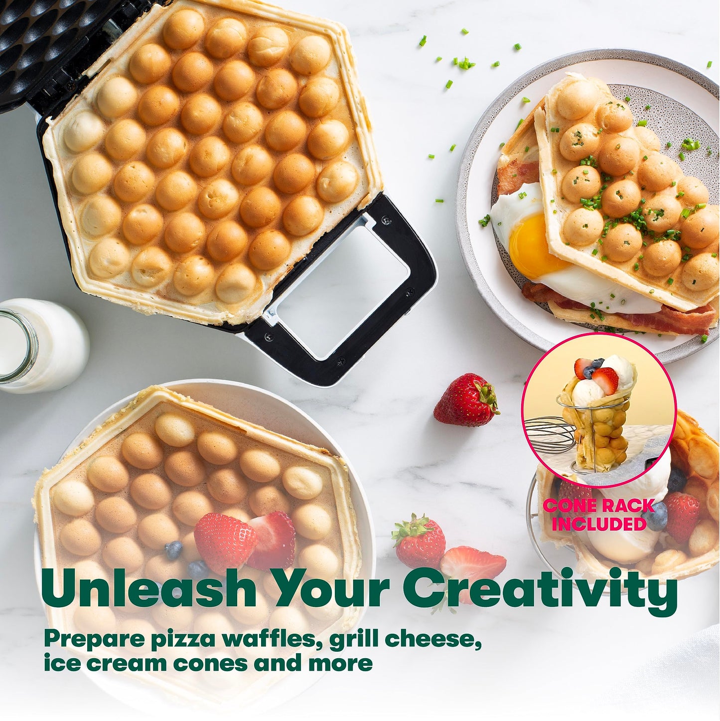 bella Bubble Waffle Maker for Hong Kong Style Breakfast Dessert 9" Waffles, Keto Chaffles Iron with Non-stick PFOA Free Iron Plates for Easy Cleaning and Food Release, Cone Rack Included, White