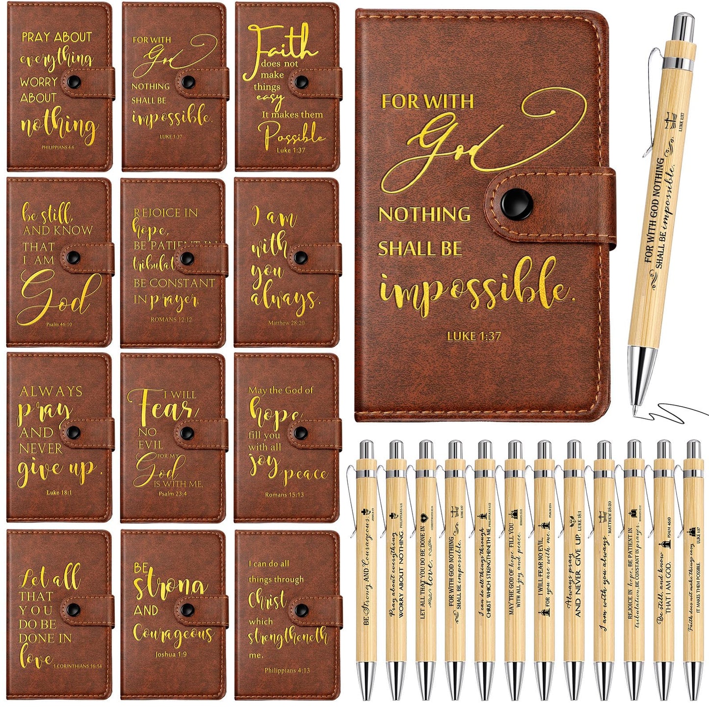 Spakon 24 Sets Christian Father's Day Bulk Gift Prayer Journal Leather Bible Study Notebook Verse Ballpoint Pen Religious Scripture Notepad for Graduates Church Clergy Gift Sunday School