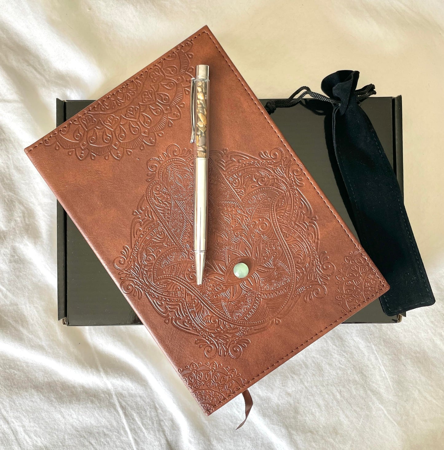 Brown Notebook and Tiger’s Eye Crystal Pen Gift Set for Men or Women, Vegan Faux Leather Journal, Hamsa Hand Evil Eye Protection Spiritual Gifts (Brown Notebook & Tiger's Eye Pen Set)