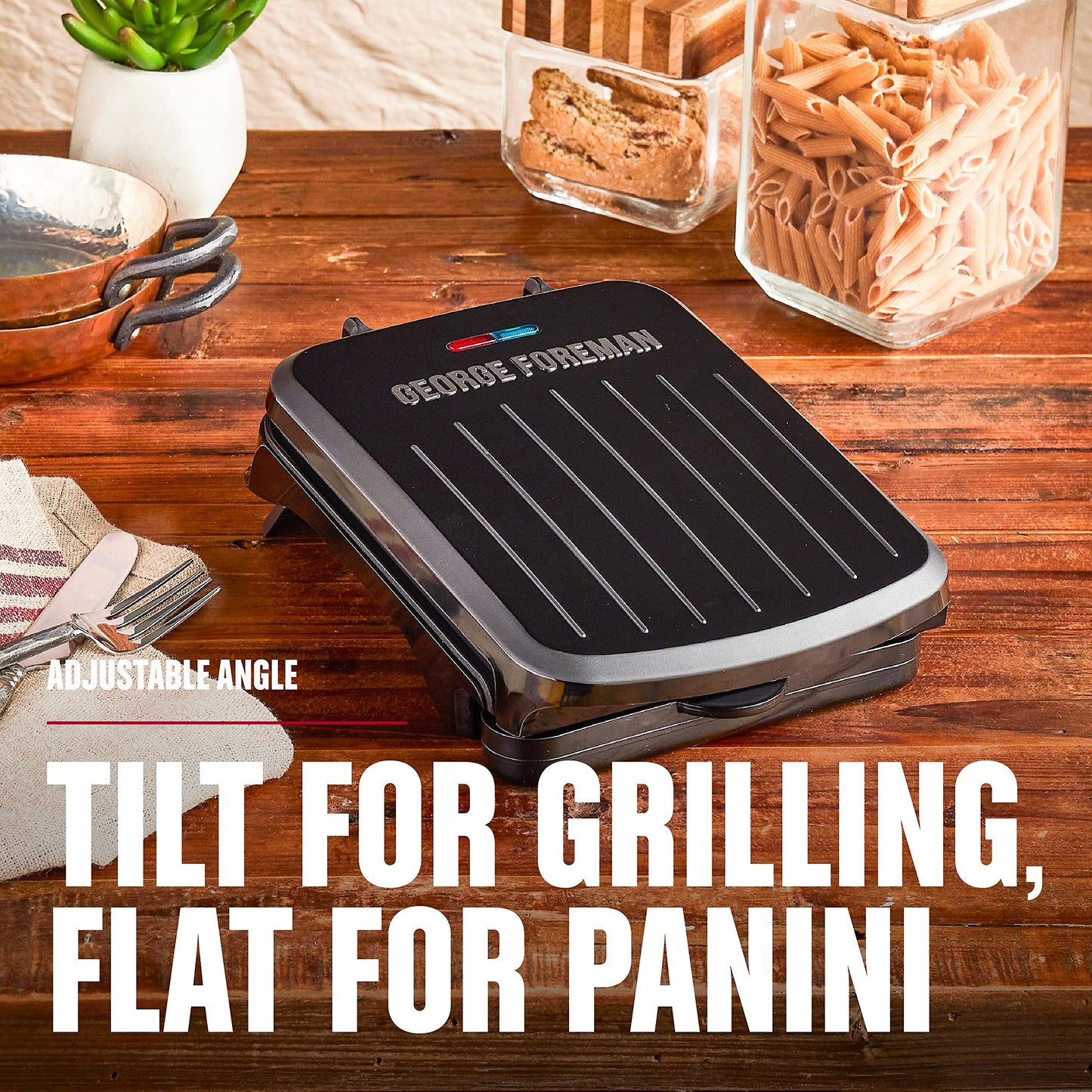George Foreman Compact 2-Serving Electric Indoor Grill and Panini Press for 1–2 People, Classic Plates, Black