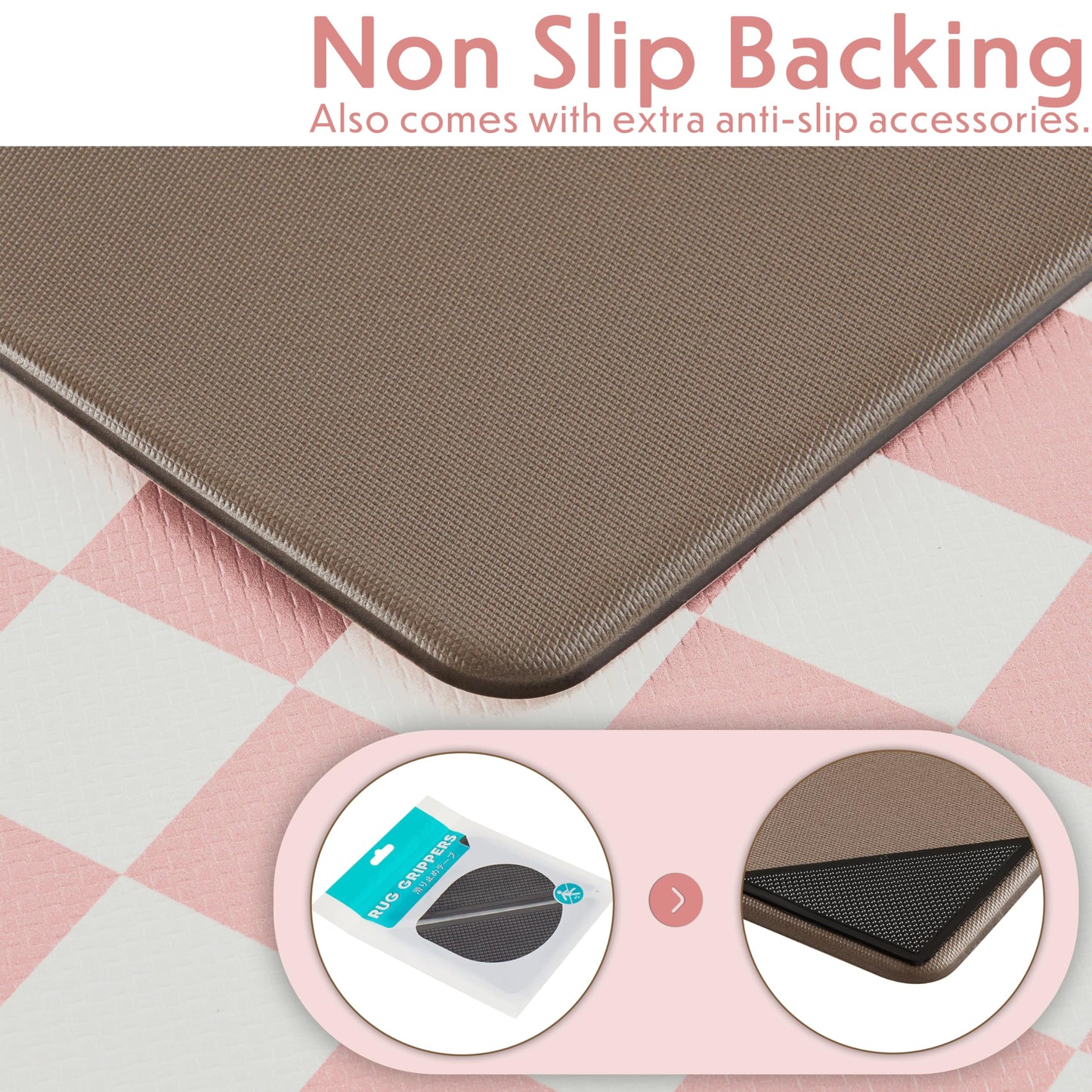 Ohocut Pink Checkered Kitchen Mats for Floor Set of 2, 2 Pcs Cushioned Non Slip Runner Rugs for Kitchen/Sink/Laundry, Comfort Aesthetic Cute Anti-Fatigue Foam Floor Mat 17.3"x29.5"+17.3"x47.2"
