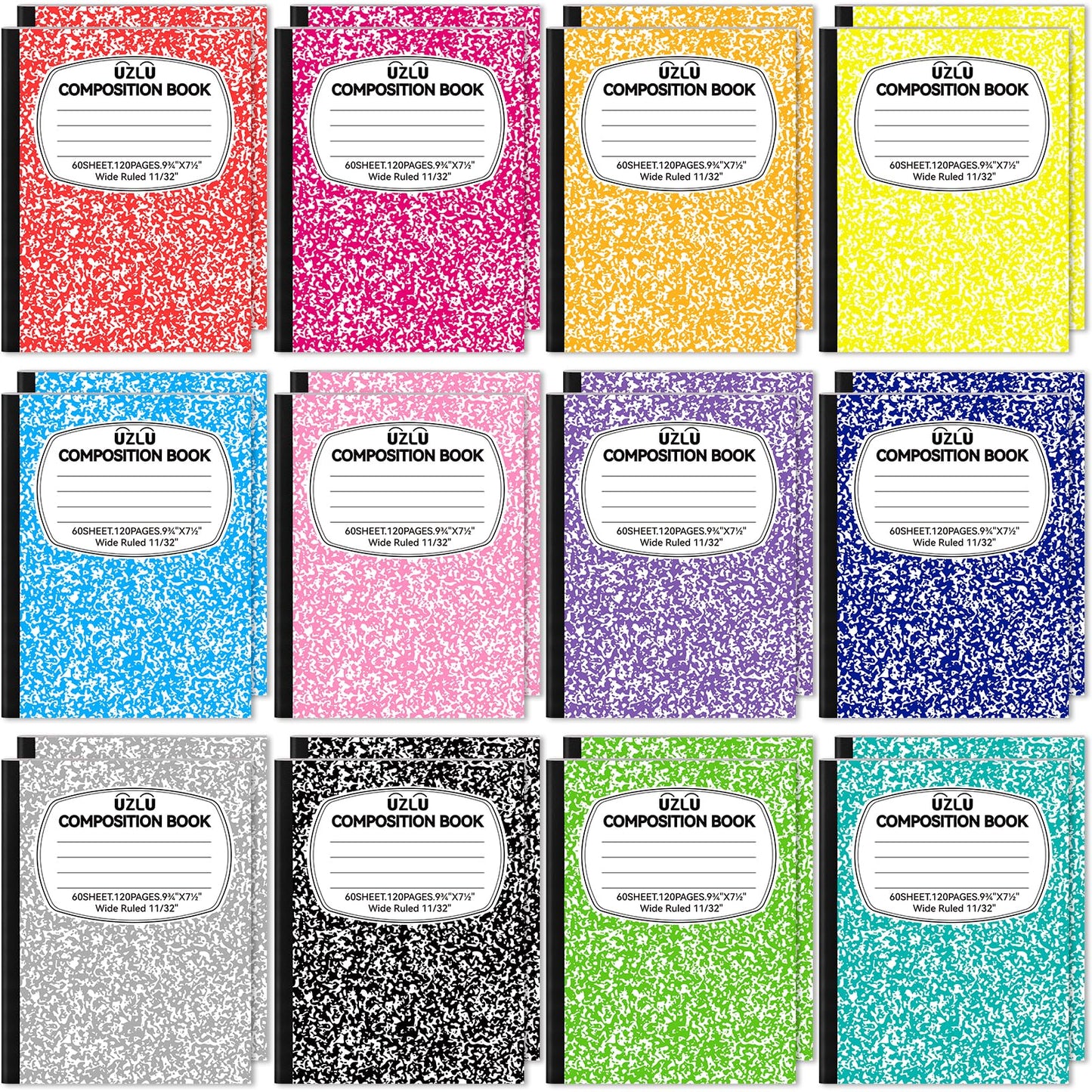 24 Pack 9.75 x 7.5 in Large Composition Notebooks Bulk 12 Color Wide Ruled Composition Books Marble Journal Notebook 60 Sheets per Book for Aldult Student College Office Back to School Supplies