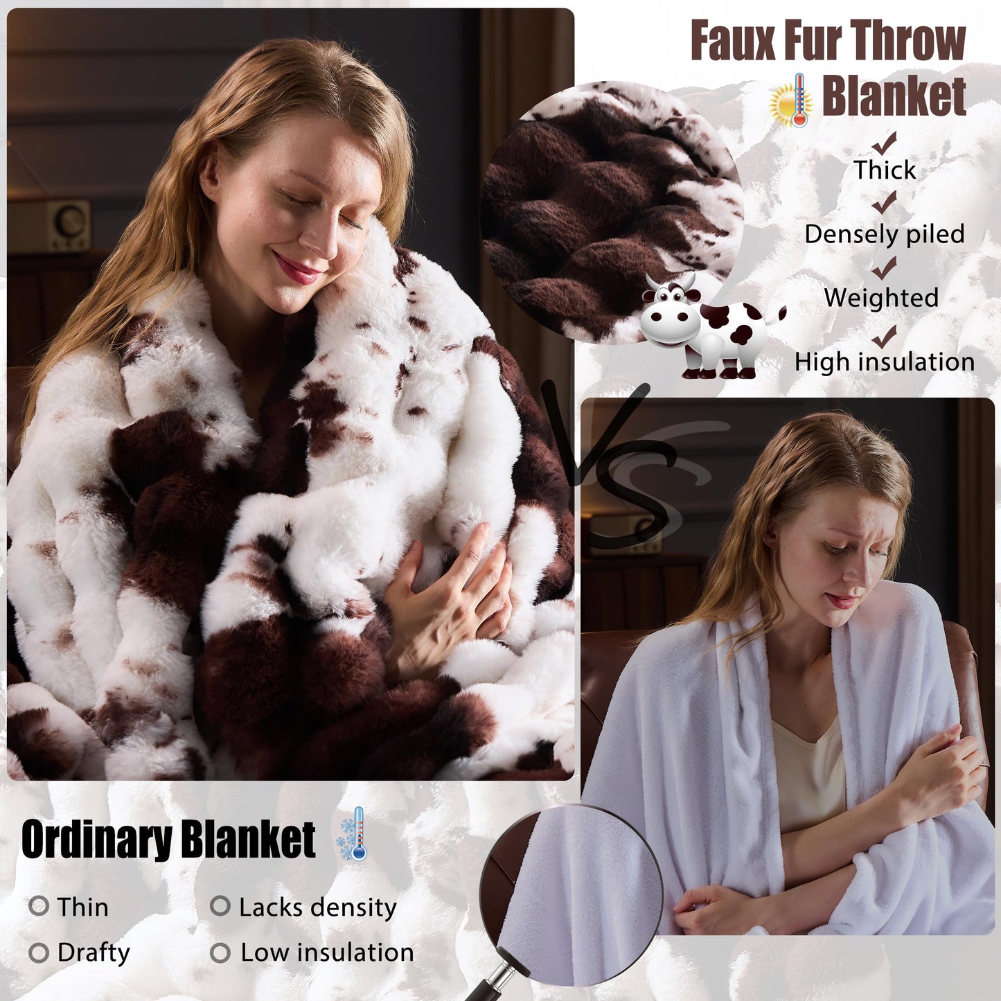 PLUUSHUU Faux Fur Throw Blanket for Couch, Fluffy Fuzzy Plush Bubble Blanket, Soft Warm Cozy Shaggy Rabbit Blanket, Luxury Decorative Gifts for Sofa Bedroom Living Room, 60x50inch (Cow Print-Brown)