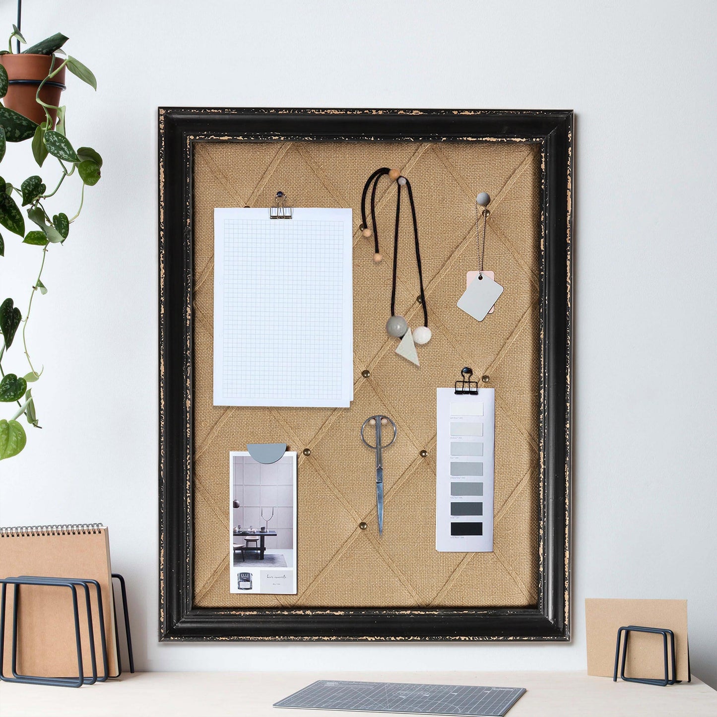 Vision Board Linen Bulletin Board Black Frame, 21"×27" Pin Boards Large Cork Boards for Walls, Rustic Message Board Decorative Memo Boards, Wall Mounted Display Picture Board for Home Office Decor