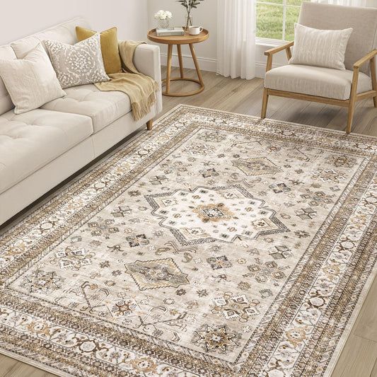 Vintage Living Room Area Rug 5x7 - Large Soft Washable Oriental Traditional Distressed Farmhouse Rugs for Bedroom - Indoor Floor Accent Carpet for Home Office House Decor - Beige