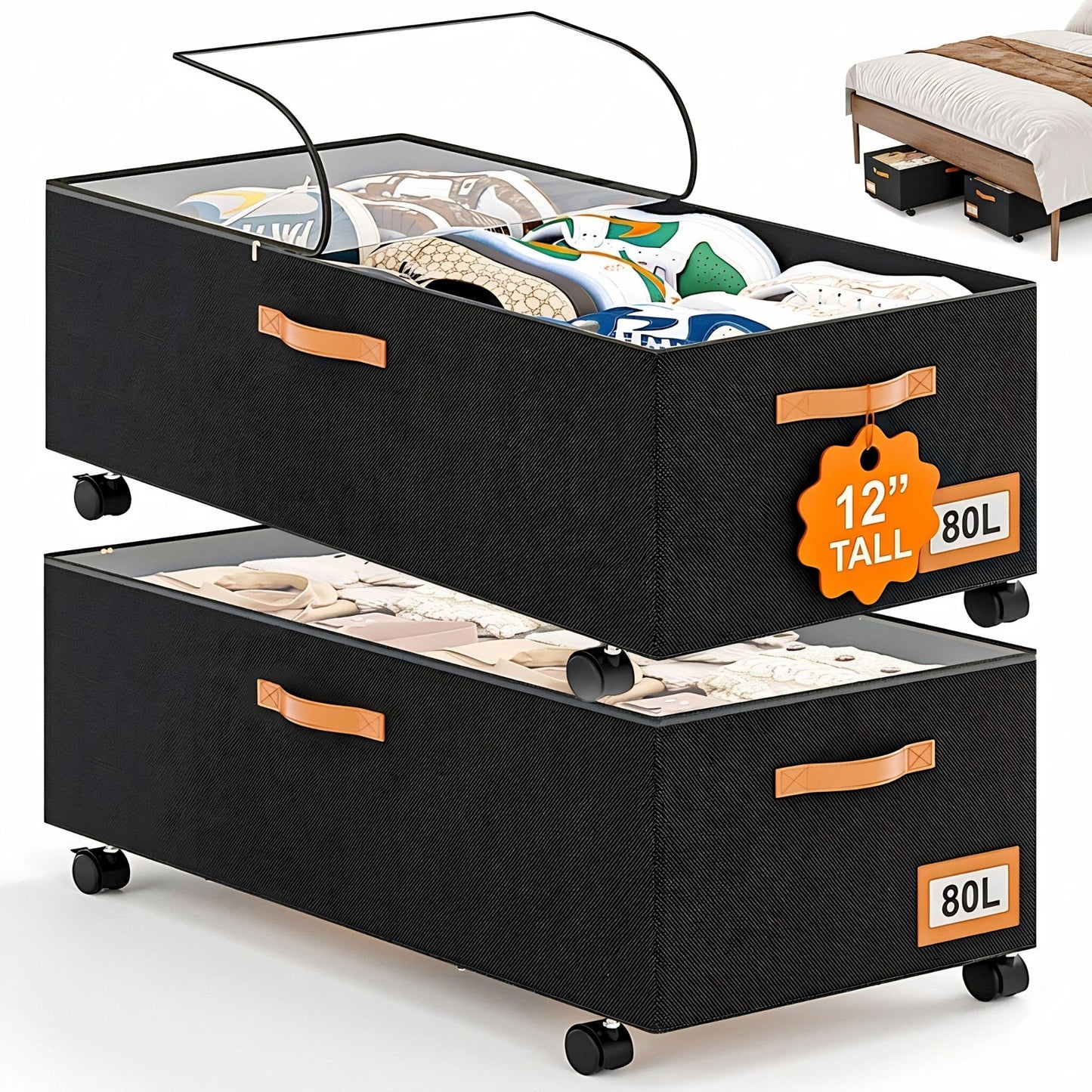 Under Bed Storage with Wheels, 12" Height Under Bed Storage Extra Deep Under Bed Storage Containers, Perfect for 14'' Bed Frame, No Assemble Metal Rolling Underbed Storage for Clothes Shoes Blankets
