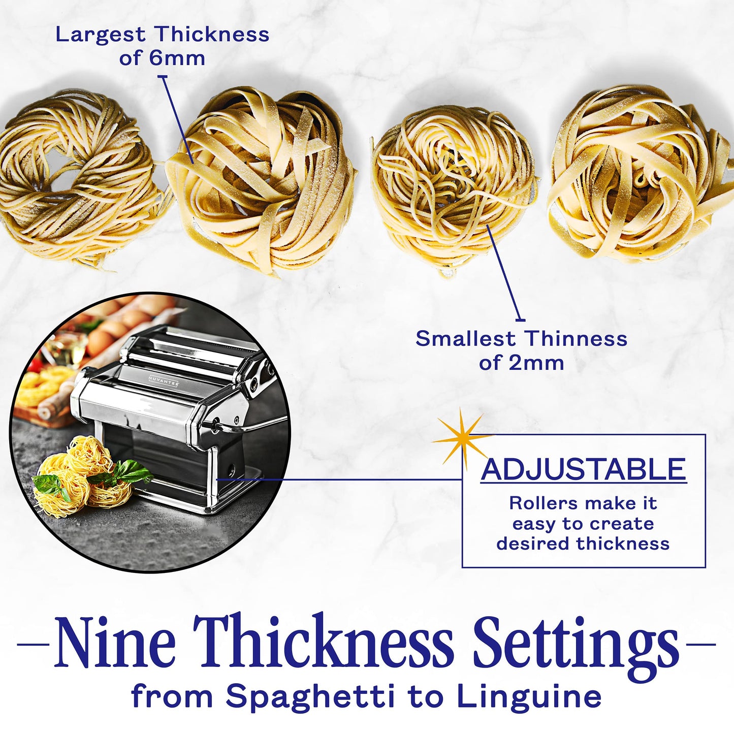 Nuvantee Pasta Maker with 7 Adjustable Thickness Settings - 2 in 1 Noodle Maker with Rollers and Cutter, Make Spaghetti, Fettuccini, Lasagna, & More