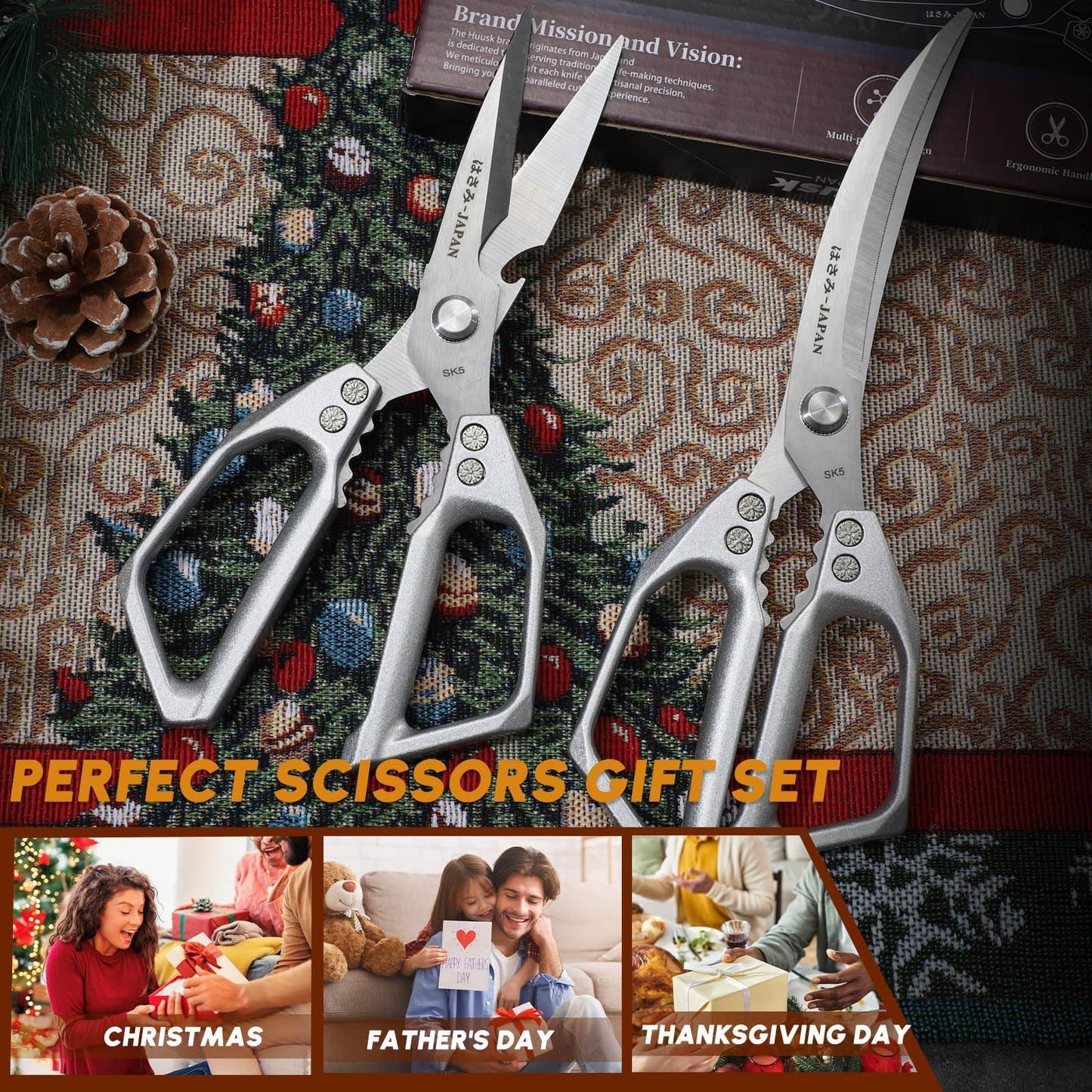 HUUSK Kitchen Scissors Set Silver - Stainless Steel Kitchen Shear, Sharp Meat Scissors, Heavy Duty Poultry Shears, Japanese Cooking Scissor for Food, Gifts for Men Women