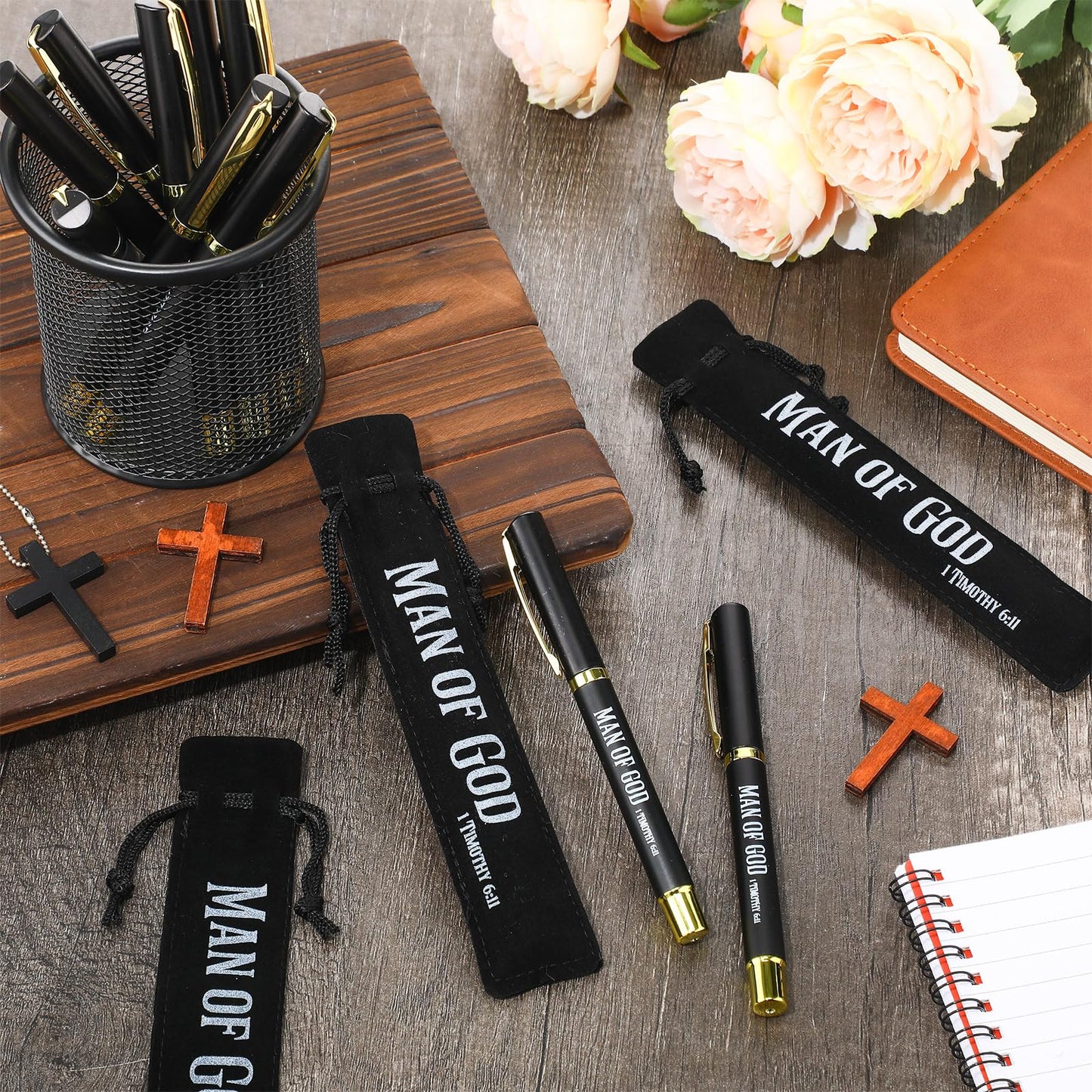 Seajan 40 Sets Christian Father's Day Bulk Gifts for Men Man of God Pens Bulk with Velvet Pouch Father's Day Church Gifts Religious Bible Verse Ballpoint Pens for Pastor Clergy Dad Godfather Baptism