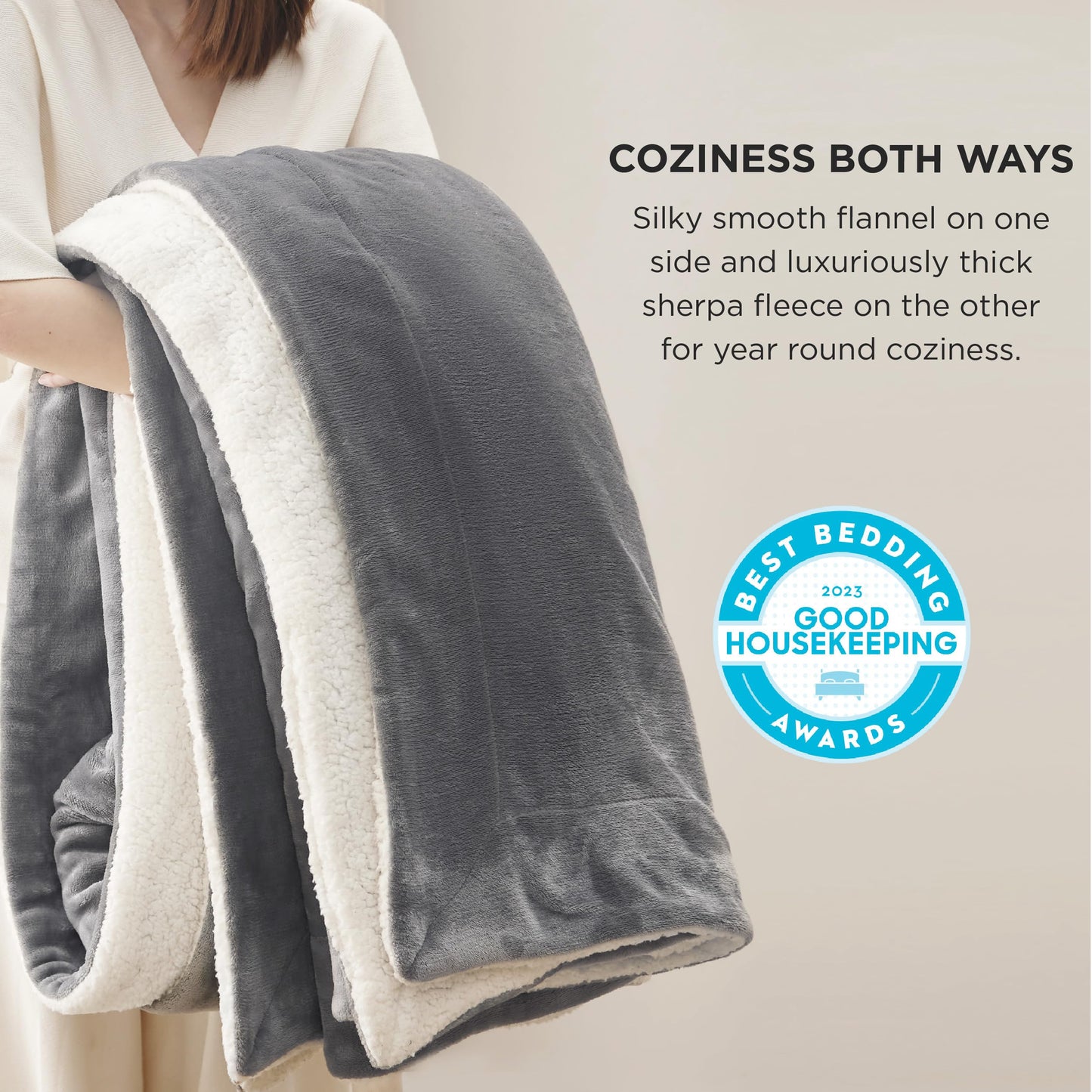 Bedsure GentleSoft Sherpa Fleece Queen Blankets for Bed, Non-Heated, Thick and Warm Throw for Women and Men, Soft Fuzzy Plush Queen Blanket for Winter, Grey, 90x90 Inches