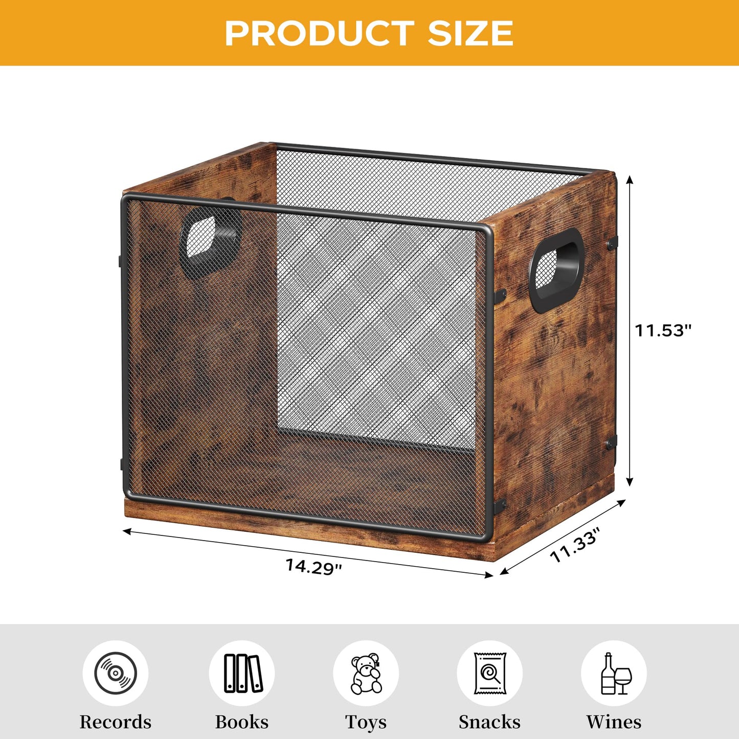 Homeiju Wooden & Metal Record Crate - Vinyl Album Holder & Organizer, Holds Up to 60 Records