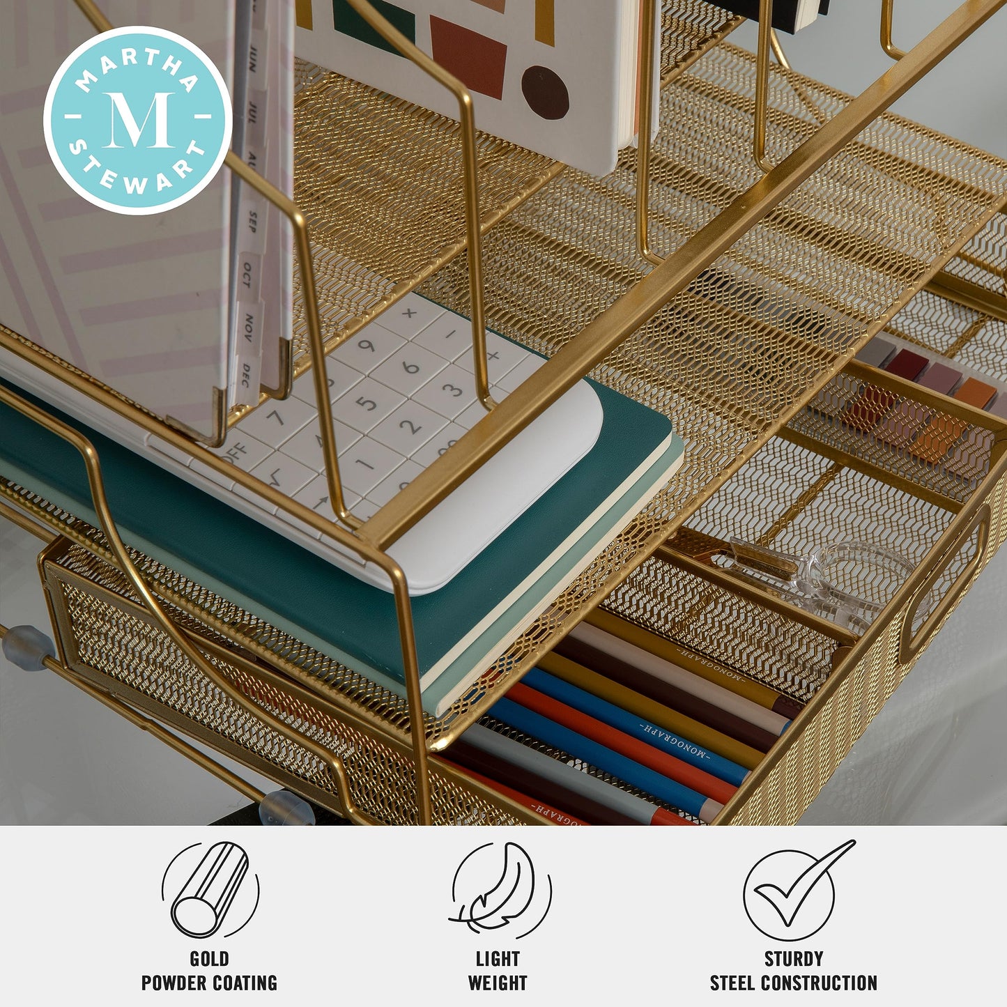 Martha Stewart Ryder Gold Mesh Metal Large Desktop Organizer With Paper File Letter Holder Organizer and Drawer