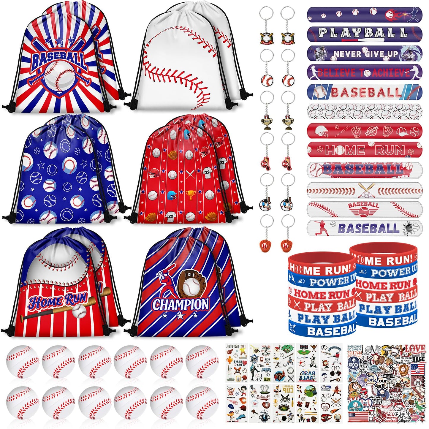 Grneric 120PCS Baseball Party Favors, Baseball Goodie Bags Drawstring Bags with Mini Baseballs, Bracelets, Keychains, Stickers & Tattoos for Baseball Party Supplies