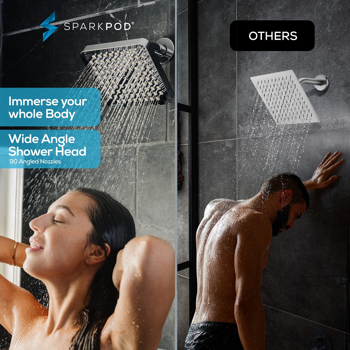 SparkPod Shower Head - High Pressure Rain - Premium Quality Luxury Design - Easy Clean Adjustable Replacement for Your Bathroom Shower Heads (Polished Chrome Finish, 8 Inch Square)