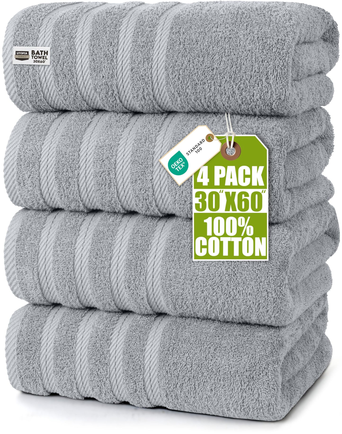 Utopia Towels 4 Pack Premium Extra Large Bath Towels Set, (30 x 60 Inches) 100% Ring Spun Cotton, Lightweight and Highly Absorbent Quick Drying Towels, Perfect for Daily Use (Cool Grey)