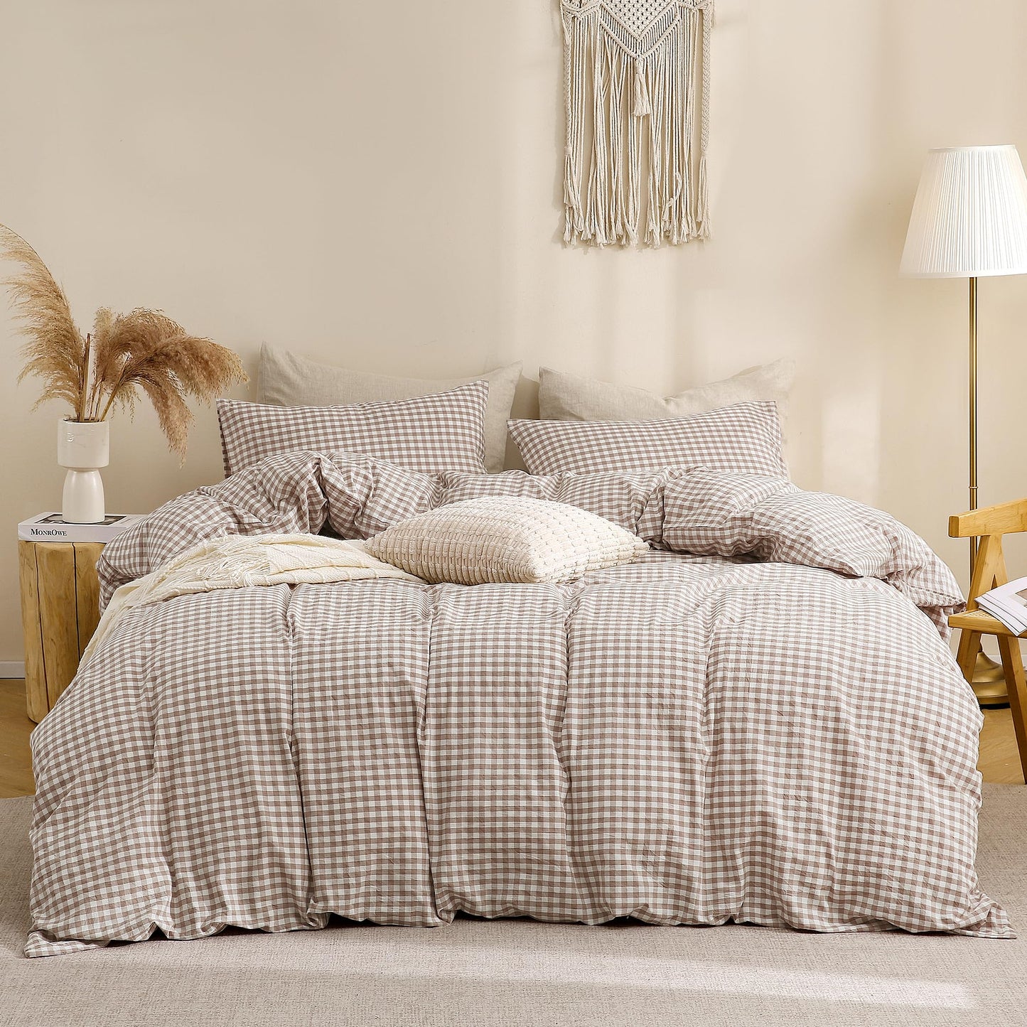 TOCOMOA Tan Gingham Duvet Cover Bedding Set 100% Washed Cotton Like Linen Feel Super Soft Comfy 3 Piece Brown Vintage Plaid Checkered Fall Comforter Cover Set (Queen 90"x90", Comforter Not Included)