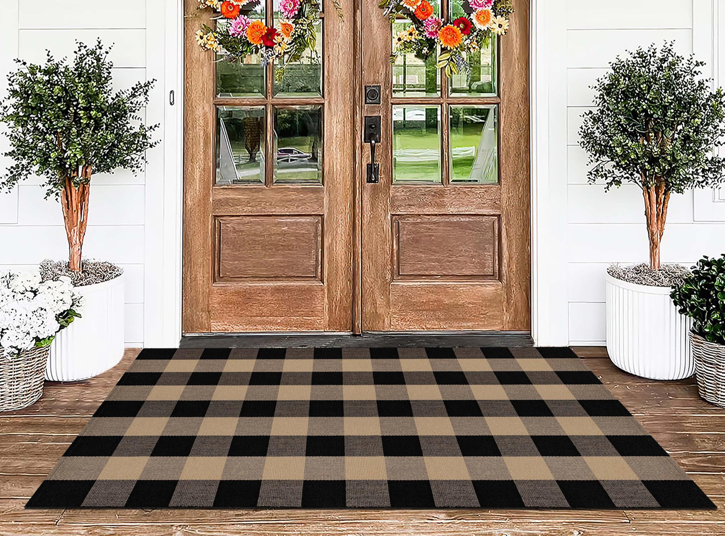 Washable Outdoor Rug 3'x5',Black and Tan Checkered Rug Cotton Woven Washable Farmhouse Front Door Mat Outdoor for Entryway,Patio,Bedroom,Hello Welcome Mat
