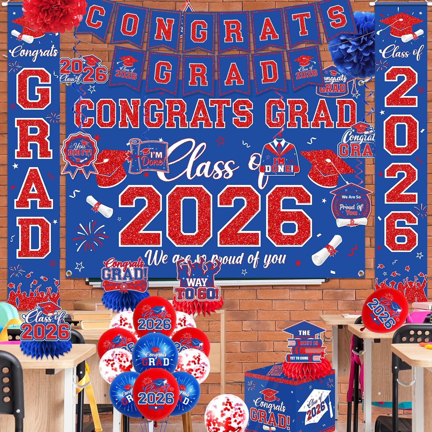 Graduation Decorations 2026 Congrats Grad Banner Kit with Class of 2026 Backdrop Porch Sign Hanging Swirls Honeycomb Centerpieces Balloons Box for Grad Party Decorations (Navy Blue-Red)