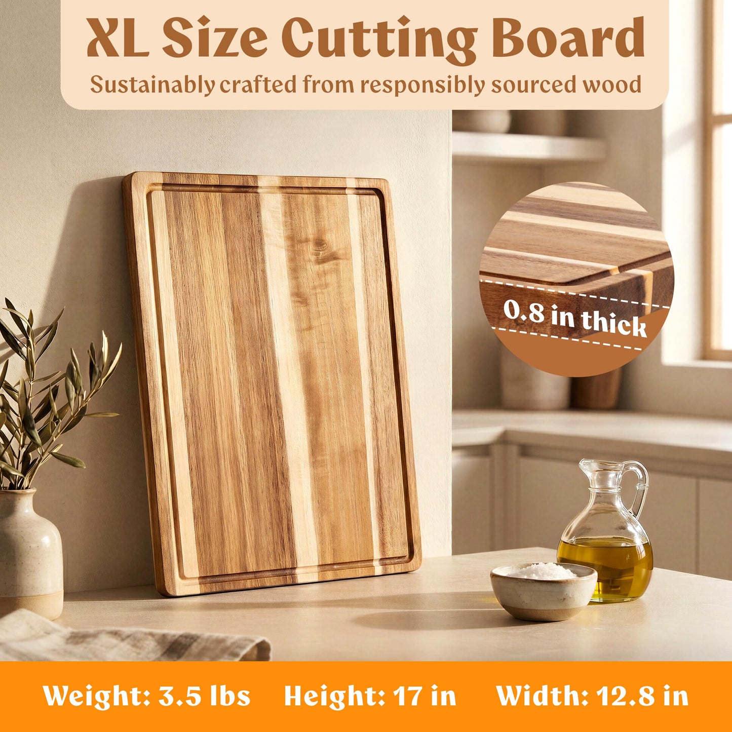 Acacia Wood XL Cutting Board for Kitchen, Large Cutting Board 17.1 × 12.8 - Wooden Chopping Boards with Juice Groove, Non-Toxic, Knife-Friendly & Durable – Housewarming Gift, Charcuterie & Meal Prep