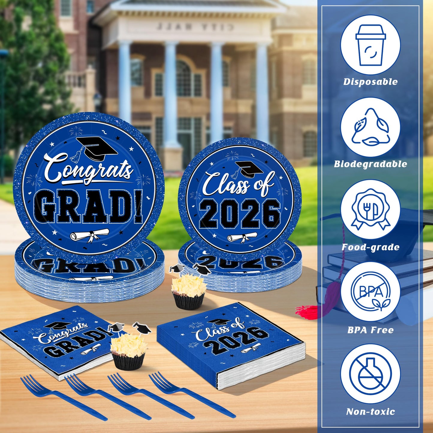 200Pcs Graduation Decorations 2026, Blue Graduation Plates and Napkins Party Supplies for 50 Guests, Disposable Grad Plates, Napkins, Dessert Plates and Forks for Grad Decor Wedding Birthday Supplies