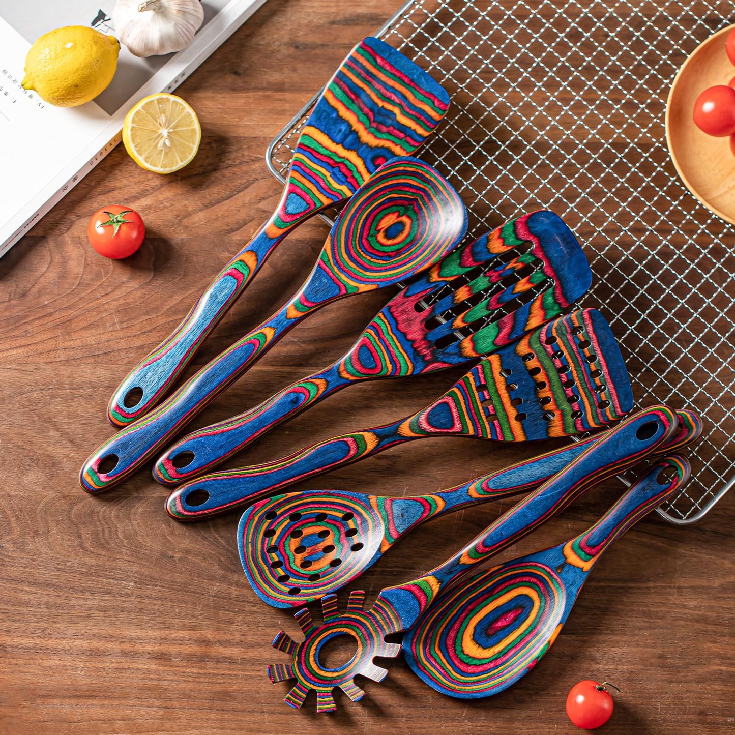 Gudamaye Pakka wood 7-Piece Blue Wooden Cooking Utensils, Wooden Spoons for Cooking, Wooden Spoon Set, Wooden Kitchen Utensil set, Pakkawood Cooking Spoons, Non-Stick Spoon,Pakkawood kitchen utensils