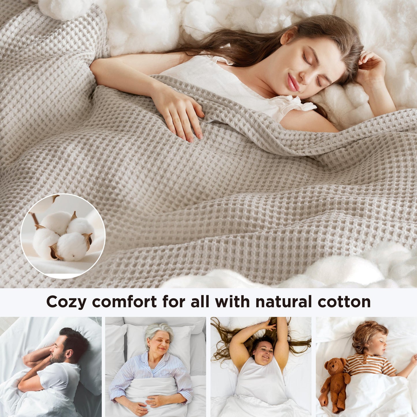 Bedsure 100% Cotton Blanket Queen Size for Spring Summer, Waffle Weave Thin Lightweight Breathable Blanket for Bed, Cotton Bedding Room Decor Gifts for Women, Men, Linen, 90" x 90"