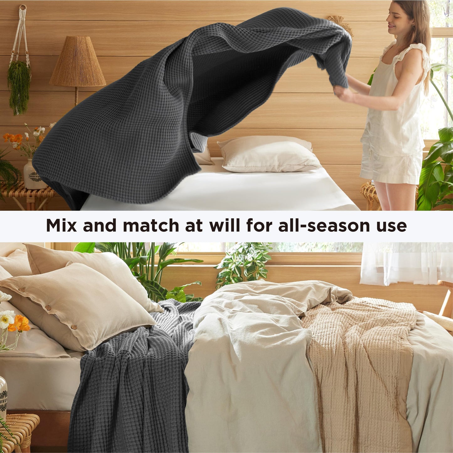 Bedsure 100% Cotton Blanket Queen Size for Spring Summer, Waffle Weave Thin Lightweight Breathable Blanket for Bed, Cotton Bedding Room Decor Gifts for Women, Men, Dark Grey, 90" x 90"
