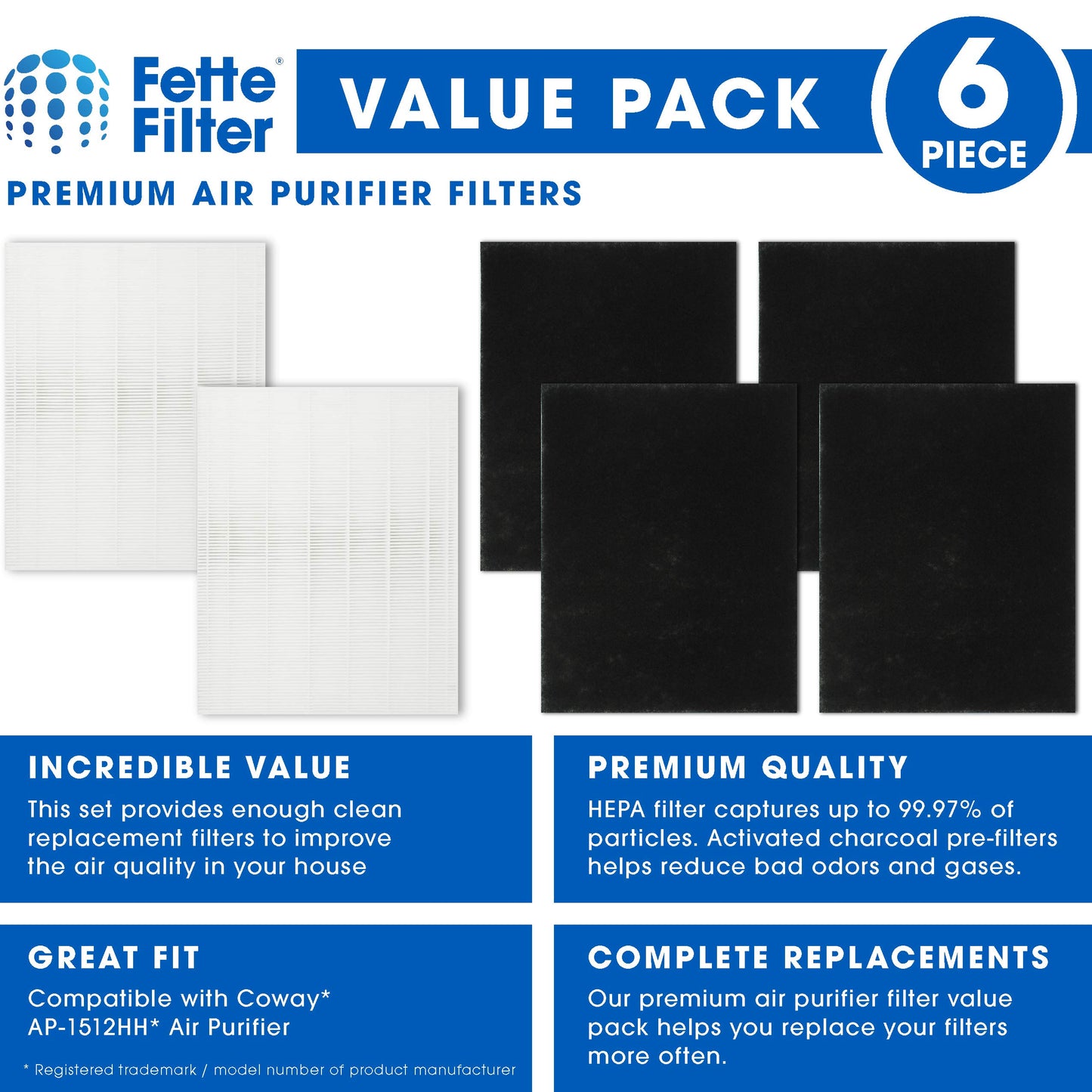 Fette Filter - 2 Hepa with 4 Pre Filter 200M / AP-1512HH Premium H13 True Hepa Filter Set Compaible with Coway AP-1512HH AP1512HH AP-1512HH-FP Airmega 200M AP-1518R 200M(W) # 3304899