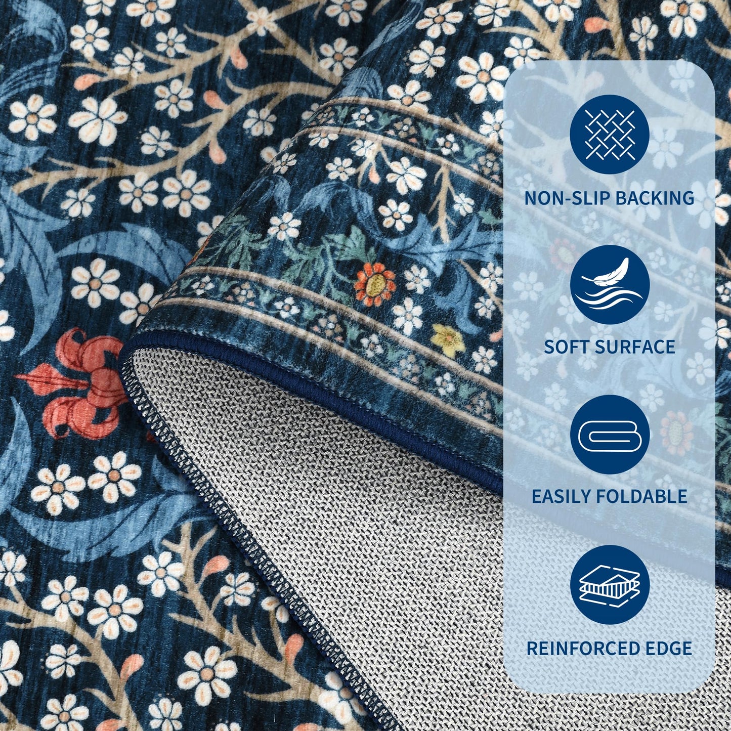 GarveeHome Floral Area Rugs 5x7, Dark Blue Washable Rug for Living Room, Bedroom, Low Pile Non Slip Stain Resistance Indoor Boho Carpet Mat for Farmhouse, Dining Room, Office