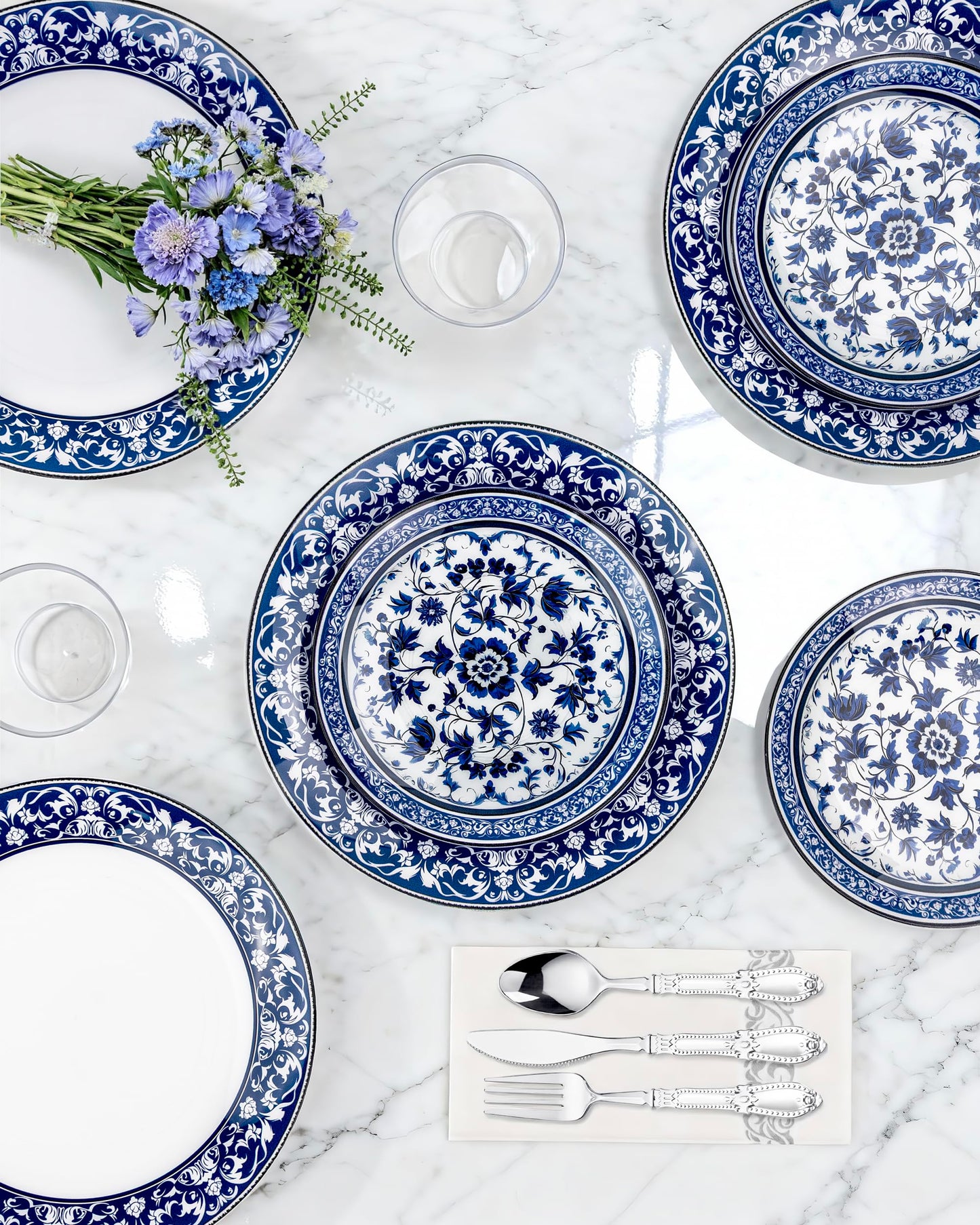 Hioasis 60pcs Blue Plastic Plates Set - Floral Blue & White Porcelain Design, 10.25" Dinner & 7.5" Dessert Plates Disposable for Memorial Day & Wedding (Dishwasher Safe, Art Style)