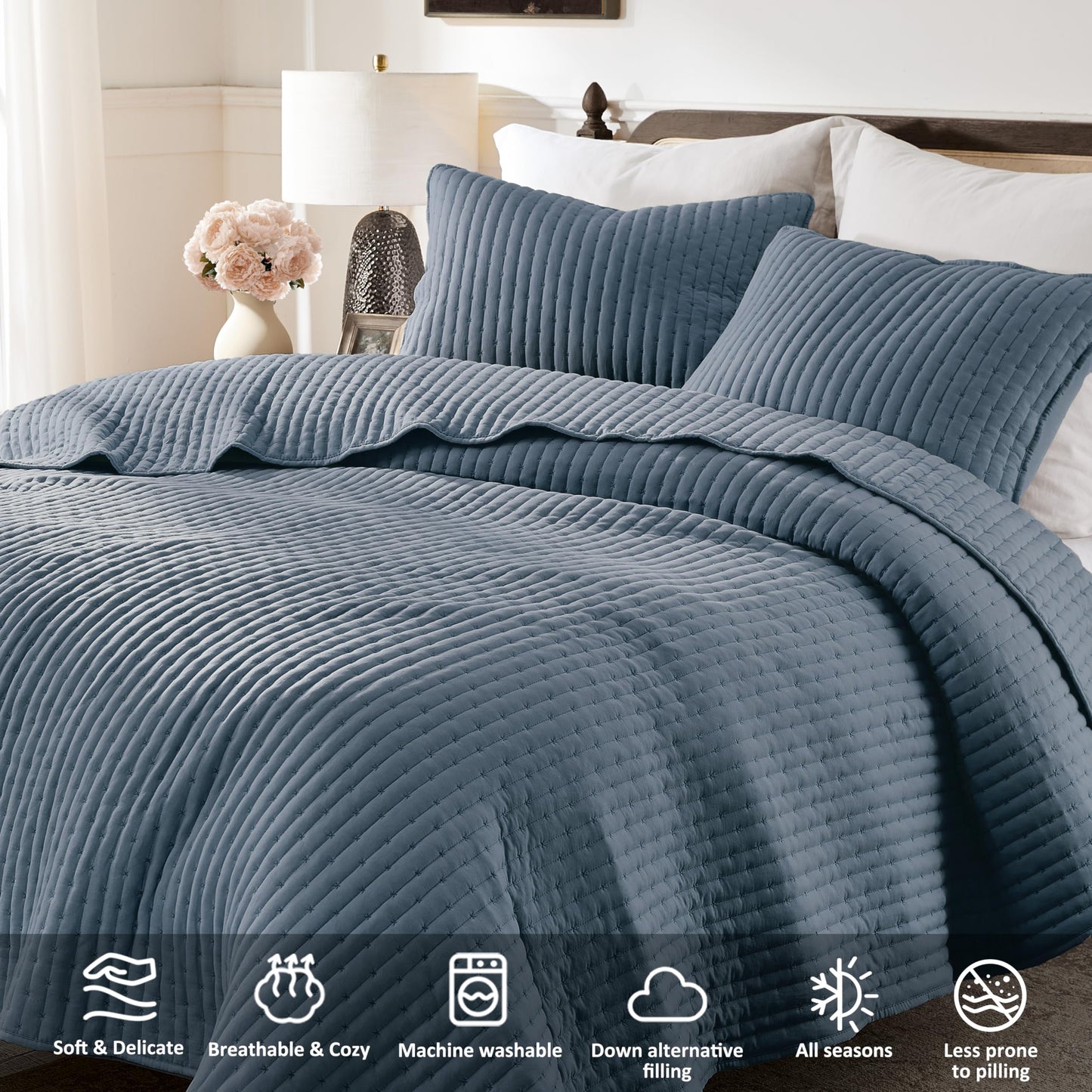 WDCOZY Blue Cross Stitch California Cal King Size Quilt Set, Oversized Striped Lightweight Soft Bedspread, Channel Farmhouse Rustic Coverlet, All Season Country Bedding, Thin Comforter