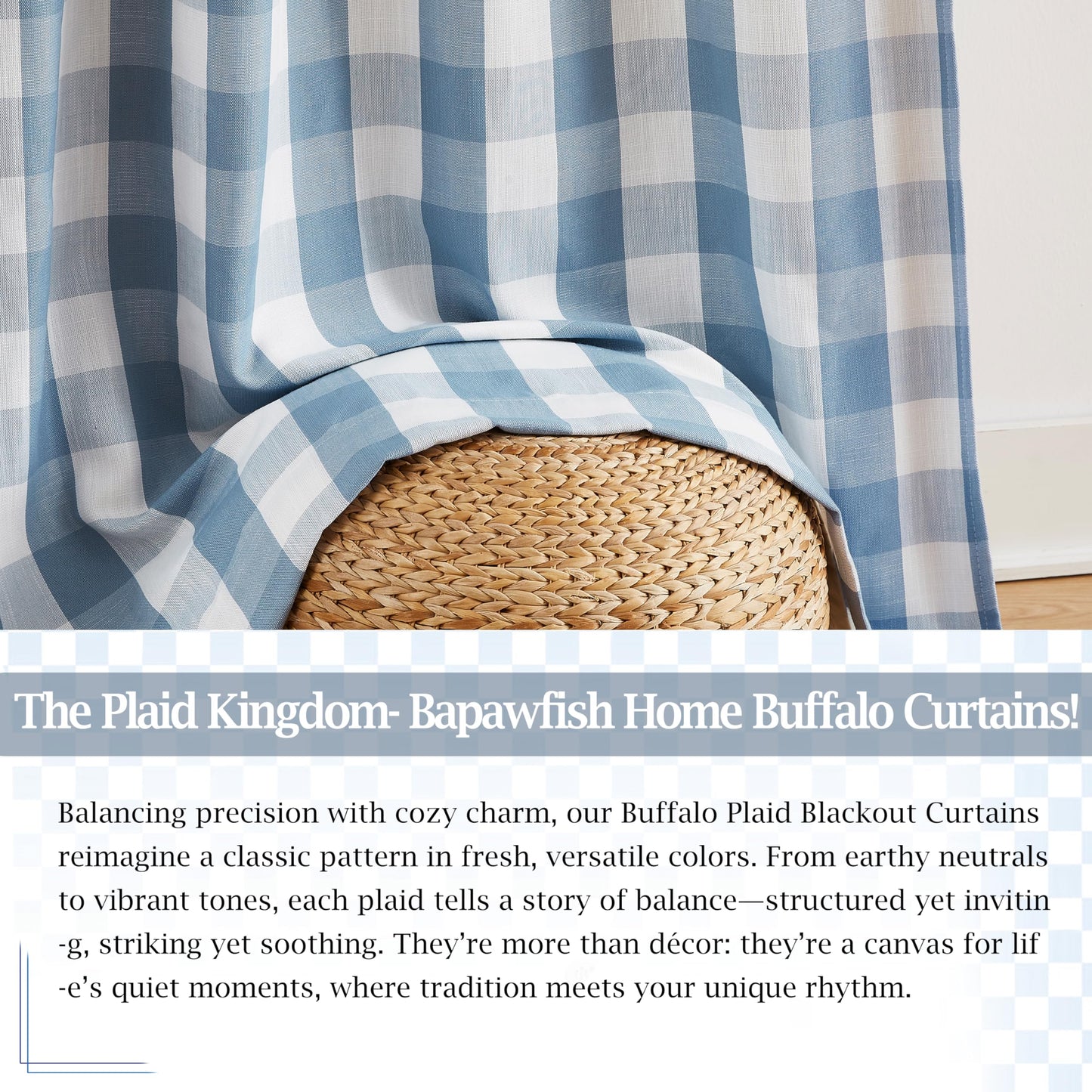 Bapawfish Buffalo Plaid Full Blackout Curtain Panels 84 Inches Length,Dusty Blue and White Farmhouse Drapes,Thermal Insulated Window Treatment for Bedroom Living Room,Rod Pocket Back Tabs,40"Wx84"Lx2