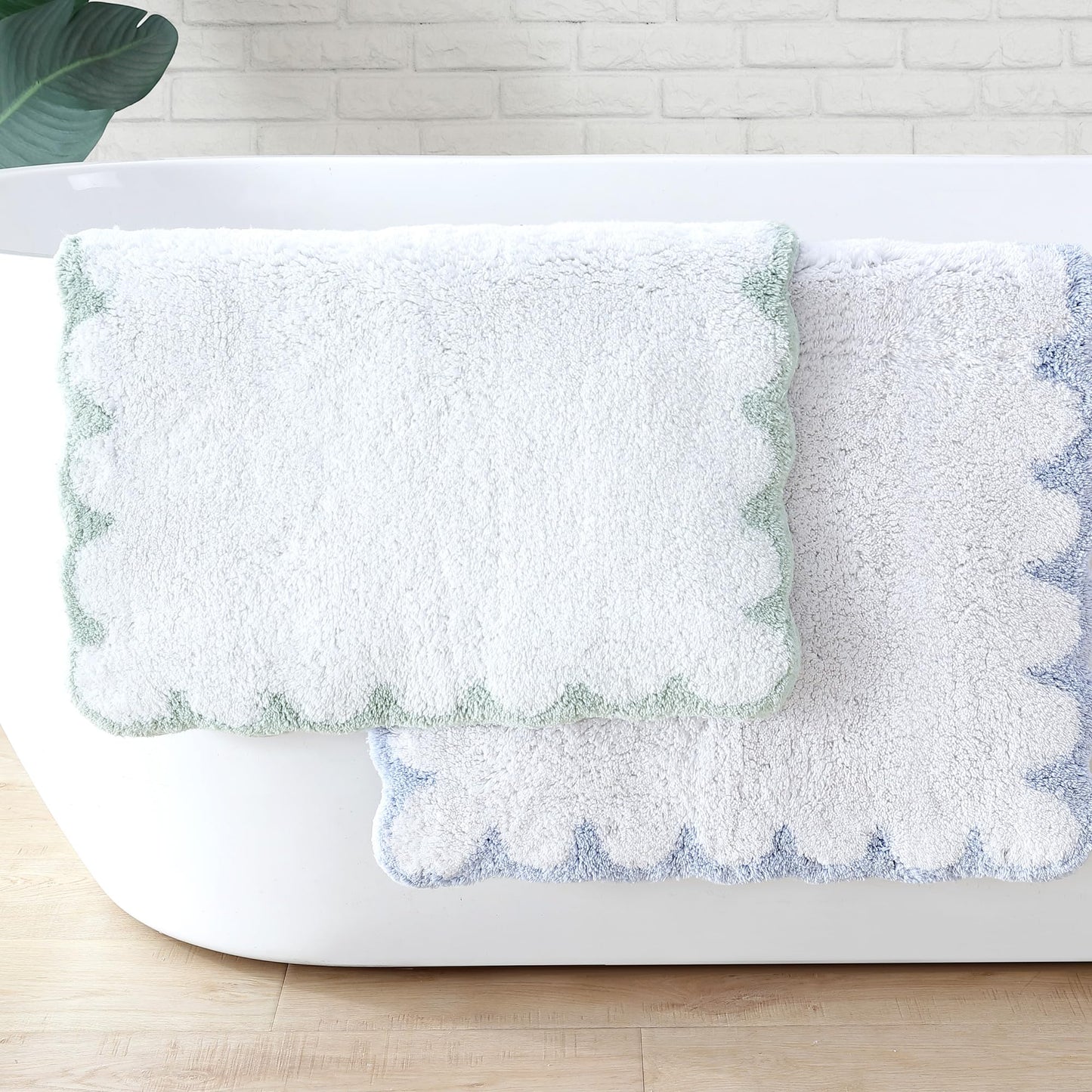 Peri Home Scalloped Bath Rug - Soft & Absorbent 100% Cotton Tufted Bath Mat, 20" x 30", White with Blue Scallop