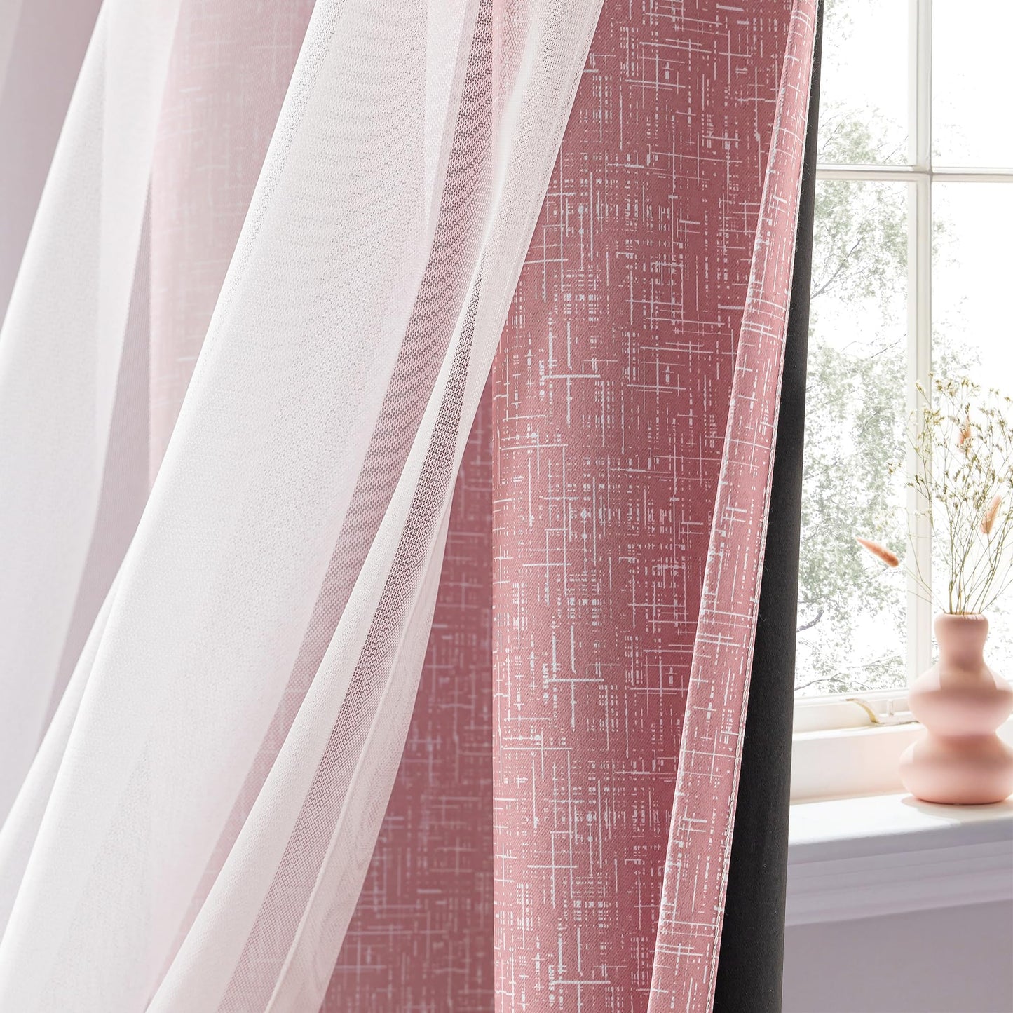 Geomoroccan Ombre 100% Blackout Curtains 84 Inches Long 2 Panels for Girls Bedroom Living Room Pink and White Double Layer Sheer Overlay Mix & Match Grommet Thermal Soundproof Drapes with Tiebacks