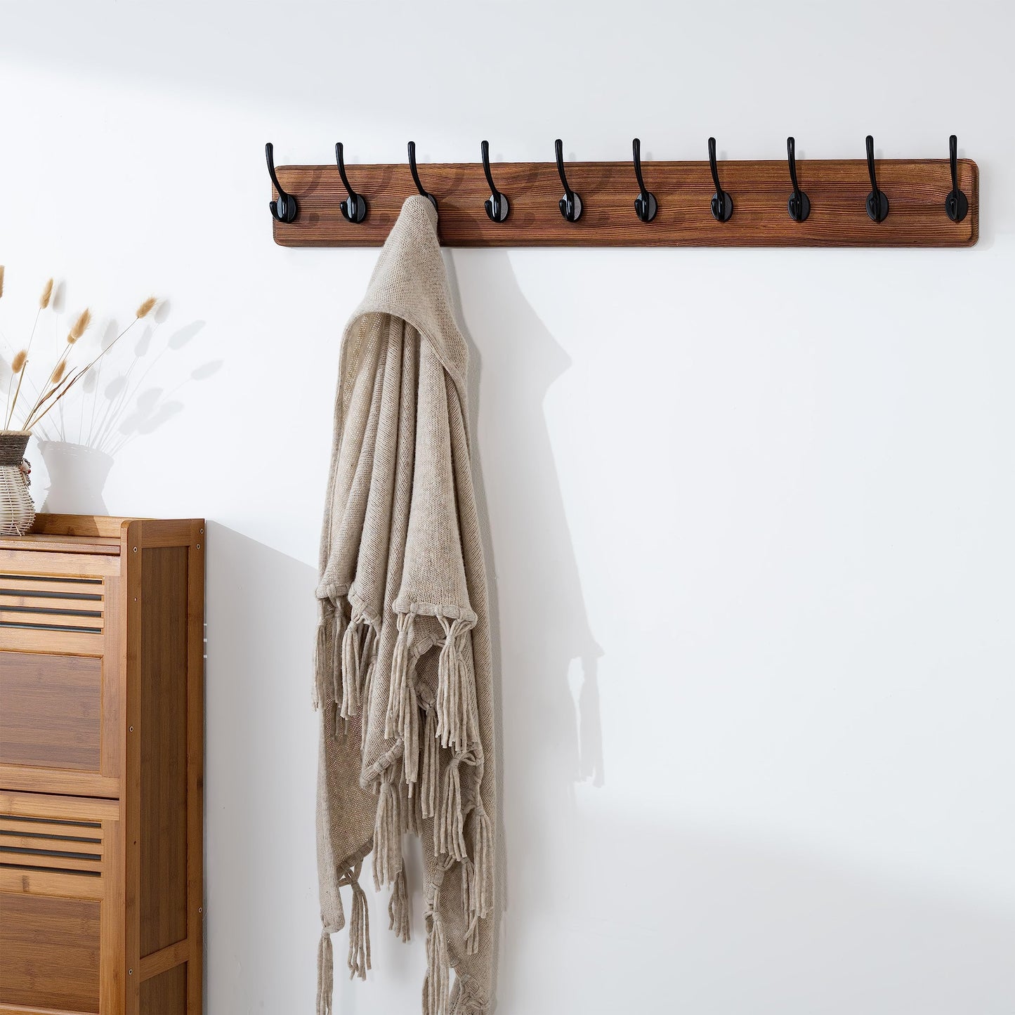 SKOLOO Farmhouse Style Wall Mounted Coat Rack, 38.6'' Pine Solid Wood Coat Hook Hanger - 10 Hooks for Hanging Clothes Robes Towels Coats