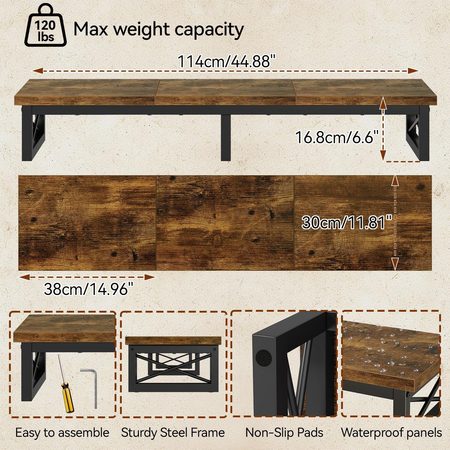 IBUYKE 45" Large TV Riser for 32-60 inch TV,Tabletop Short TV Stand with Storage and Steel Legs,Dual Screen Office Desk,Stand Riser,TV Riser Stand for Home,Bedroom,Living Room,Rustic Brown TVT002H