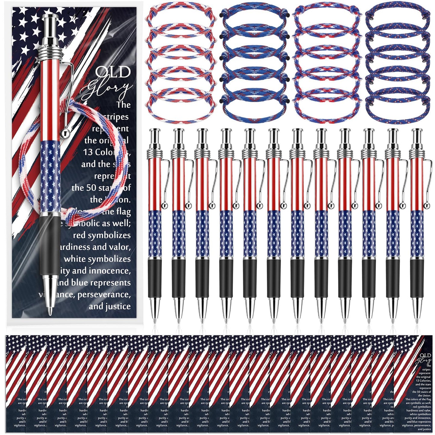 Sayglossy 180 Pcs Memorial Day 250th Anniversary Ballpoint Pen Rope Bracelets and Star Stripe Bookmarks Military Appreciation for Army Veterans Patriotic Party Independence Day Accessories (Old Glory)