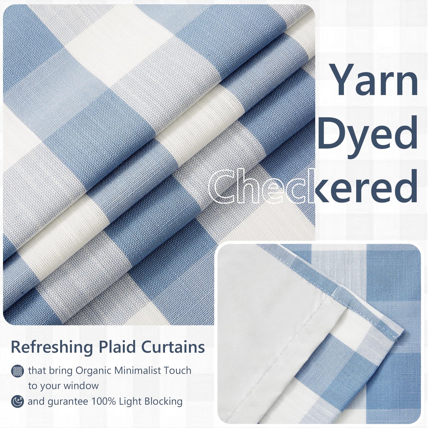Amzdecor Blue White Buffalo Plaid Full Blackout Curtains 84 Inch Long for Bedroom Living Room Farmhouse Check Patterned Drapes Thermal Insulated Soundproof Grommet Window Treatment, 2 Panels, 40"x84"