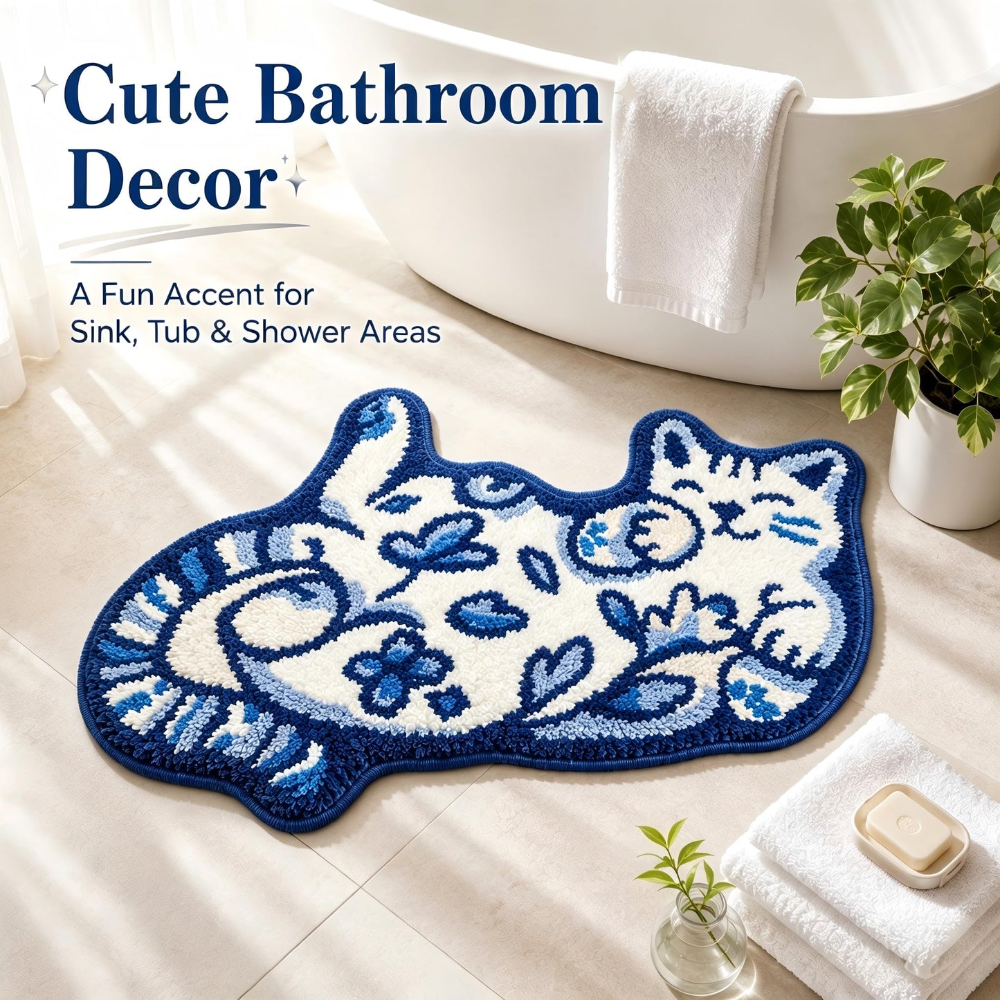 Softania Cute Cat Bath Mat - Fun Bathroom Rug for Cat Lovers, Cute Bathroom Decor, Soft Absorbent Microfiber Bath Rug, Machine Washable Funny Bath Mat with Non Slip Rubber Backing (31.5" x 21.6")