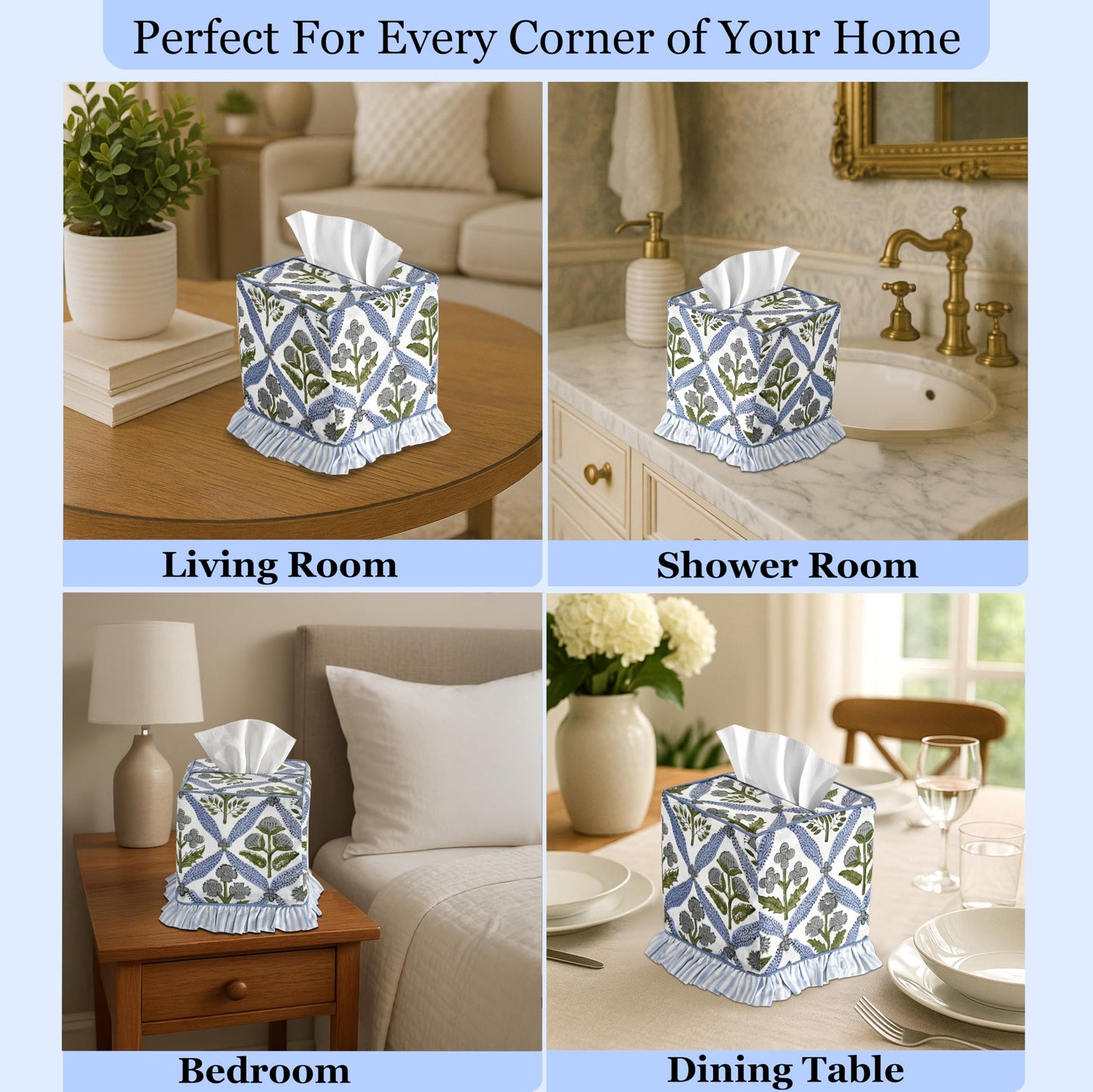 Ridhi Light Steel Blue Block Print Ruffle Tissue Box Cover Handmade Cotton Decorative Square Napkin Holder for Home Bedroom Living Room Bathroom Vanity Countertop Car Office Kitchen