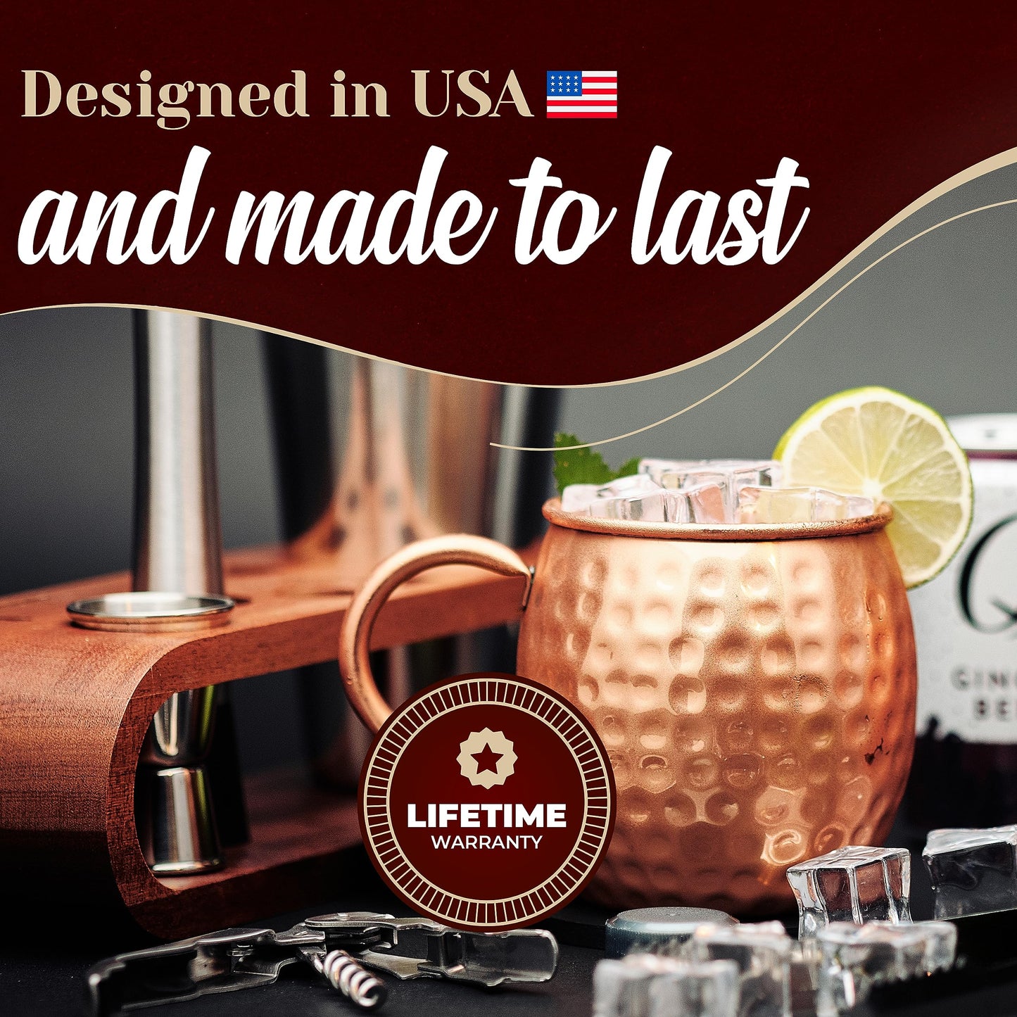 Advanced Mixology Mule Science Moscow Mule Copper Mugs Gift Set of 4 (19 oz) – Handcrafted Hammered Copper Cups, Food-Safe & Tarnish-Resistant – Includes Straws, Coasters & Shot Glass