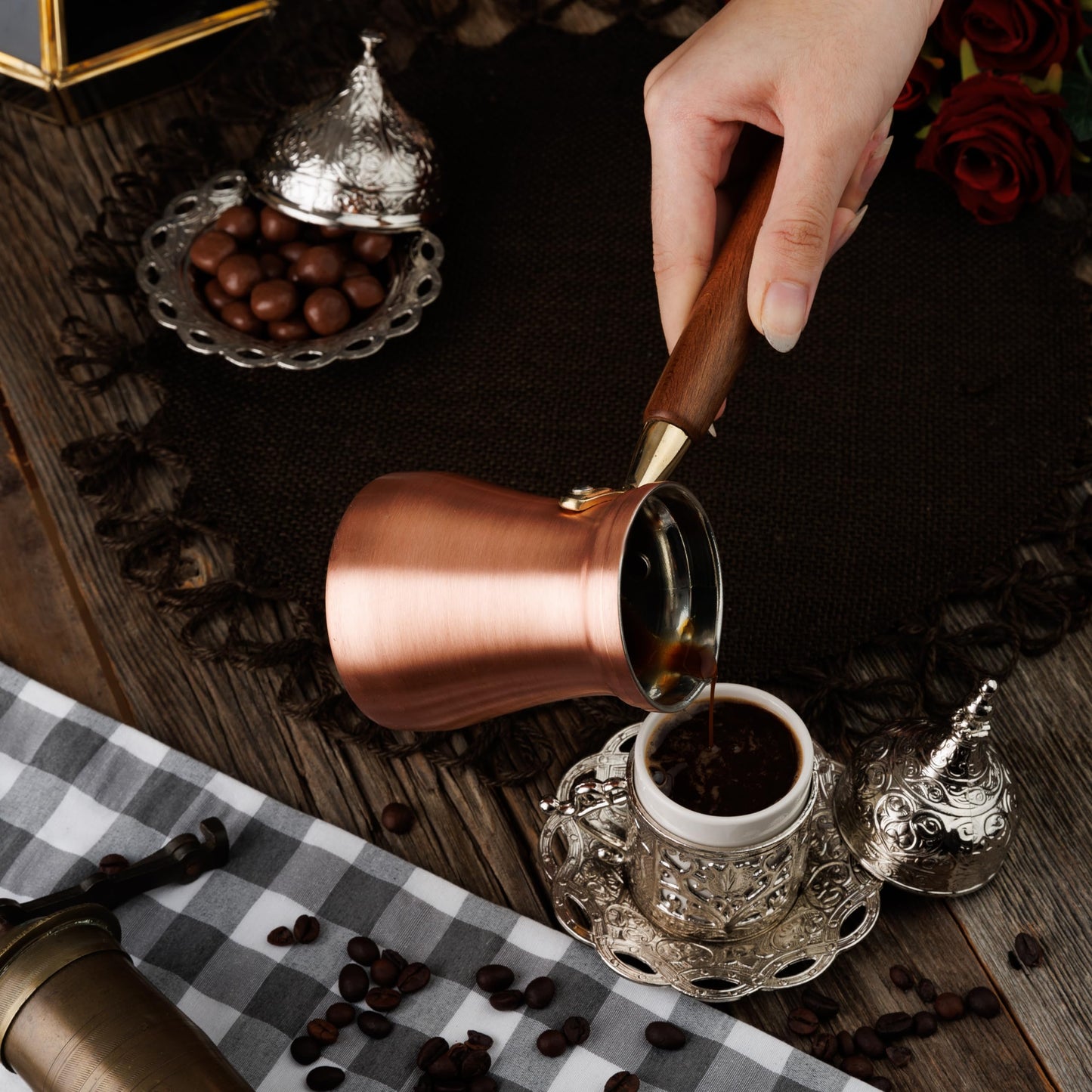 DEMMEX Brushed Copper Turkish Coffee Pot Cezve Ibrik Greek Coffee Briki Stovetop Coffee Maker with Wooden Handle & Spoon, 1mm Thick Copper, Handmade in TURKEY, 8 fl Oz - 3 Servings