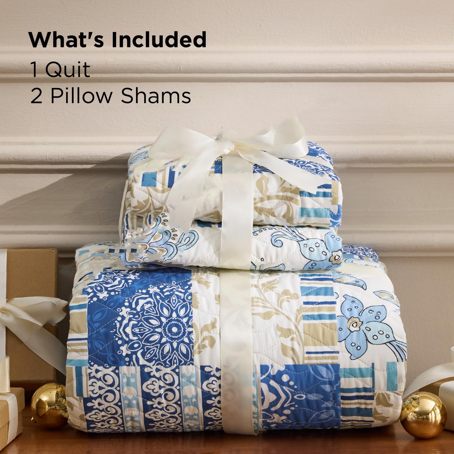 Bedsure Patchwork Quilt Queen Size - Summer Lightweight Boho Comforter Queen Size, Blue and White Bedspread Quilted Bedding, Reversible Soft Microfiber Coverlet for All Seasons (90"x96")