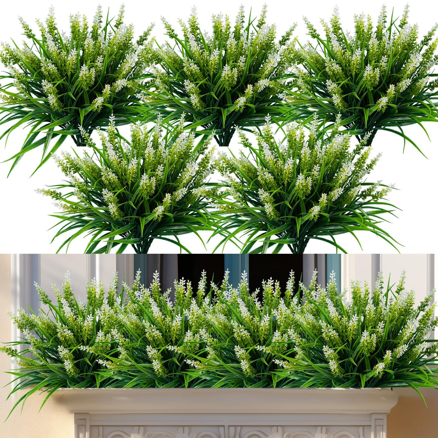 Nigirior Artificial Flowers for Outdoor Plants 24 Bundles Fake Lavender Plastic Faux Monkey Grass for Verandah Window Garden Office Patio Front Porch UV Resistant for Planter(White)
