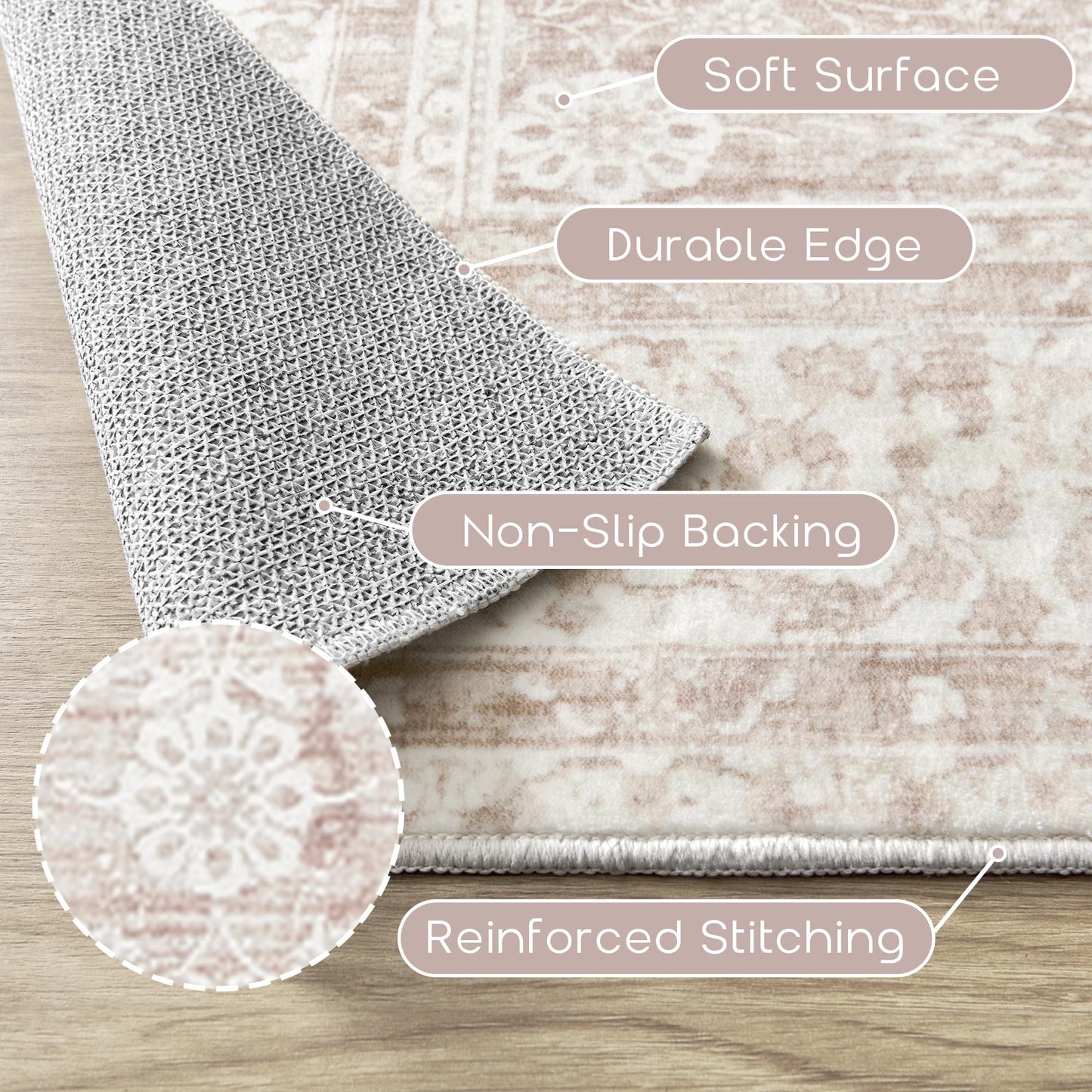 Pink Nursery Rug for Baby Girl 5 x 7 Neutral Blush Pink Boho Cute Floral Foldable Machine Washable Low Pile Soft Surface Carpet Area Rugs for Living Room Bedroom Dorm Kids Playroom,5x7