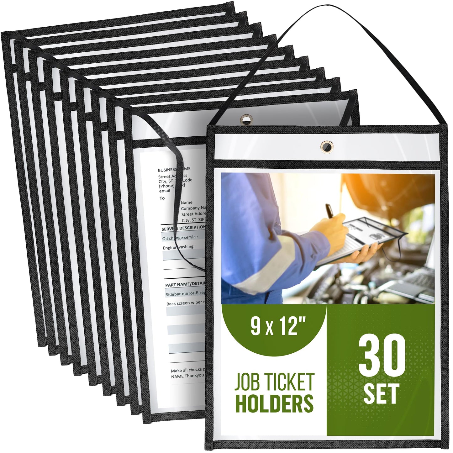 30 Pack Job Ticket Holders 9x12 with Strap - Hanging Shop Ticket Holders - Work Order Plastic Sleeves for Documents - Dry Erase Pocket Sleeves - Dry Erase Pockets - Clear Pocket Sleeve 9 x 12